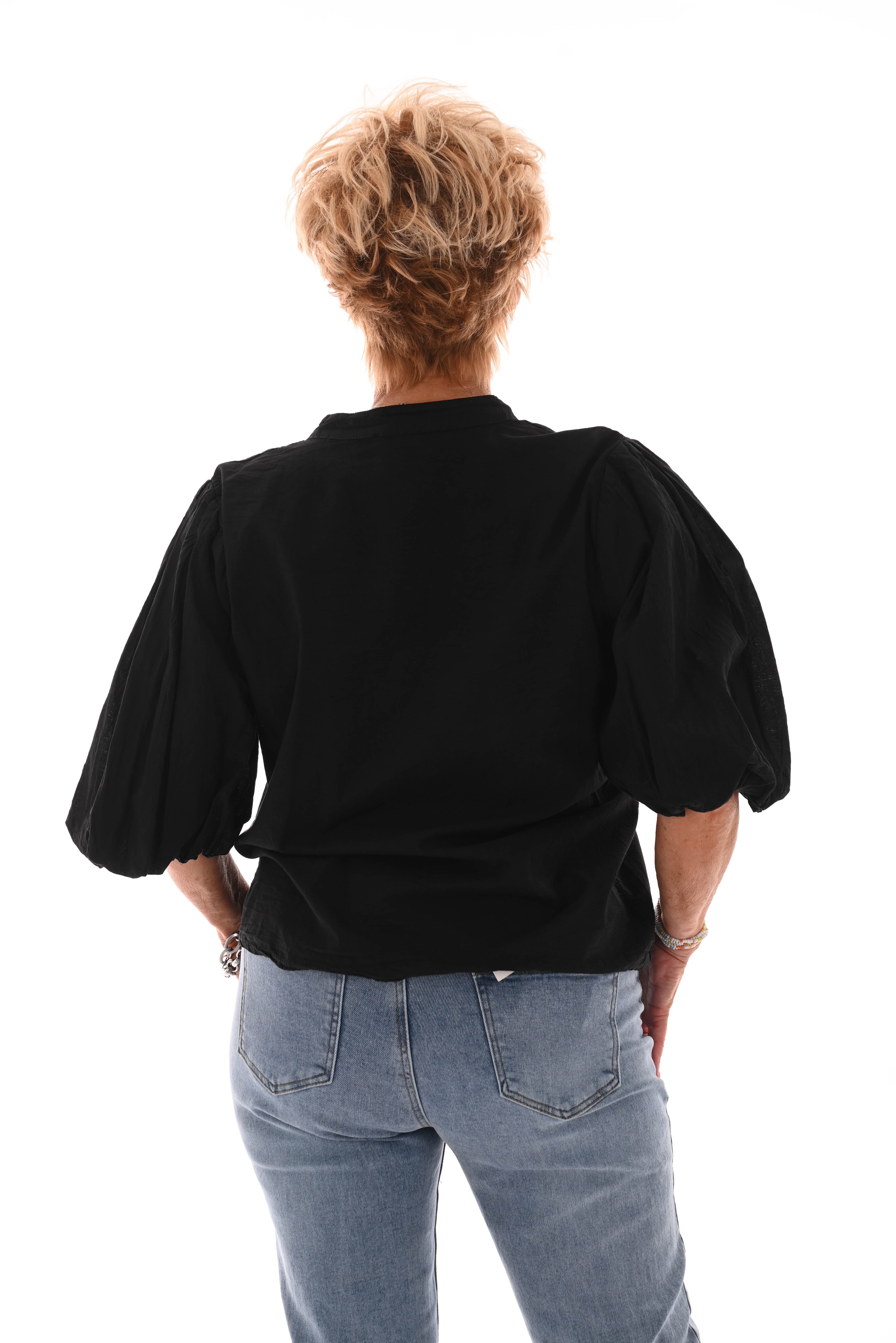Blouse korte pofmouwen uni zwart