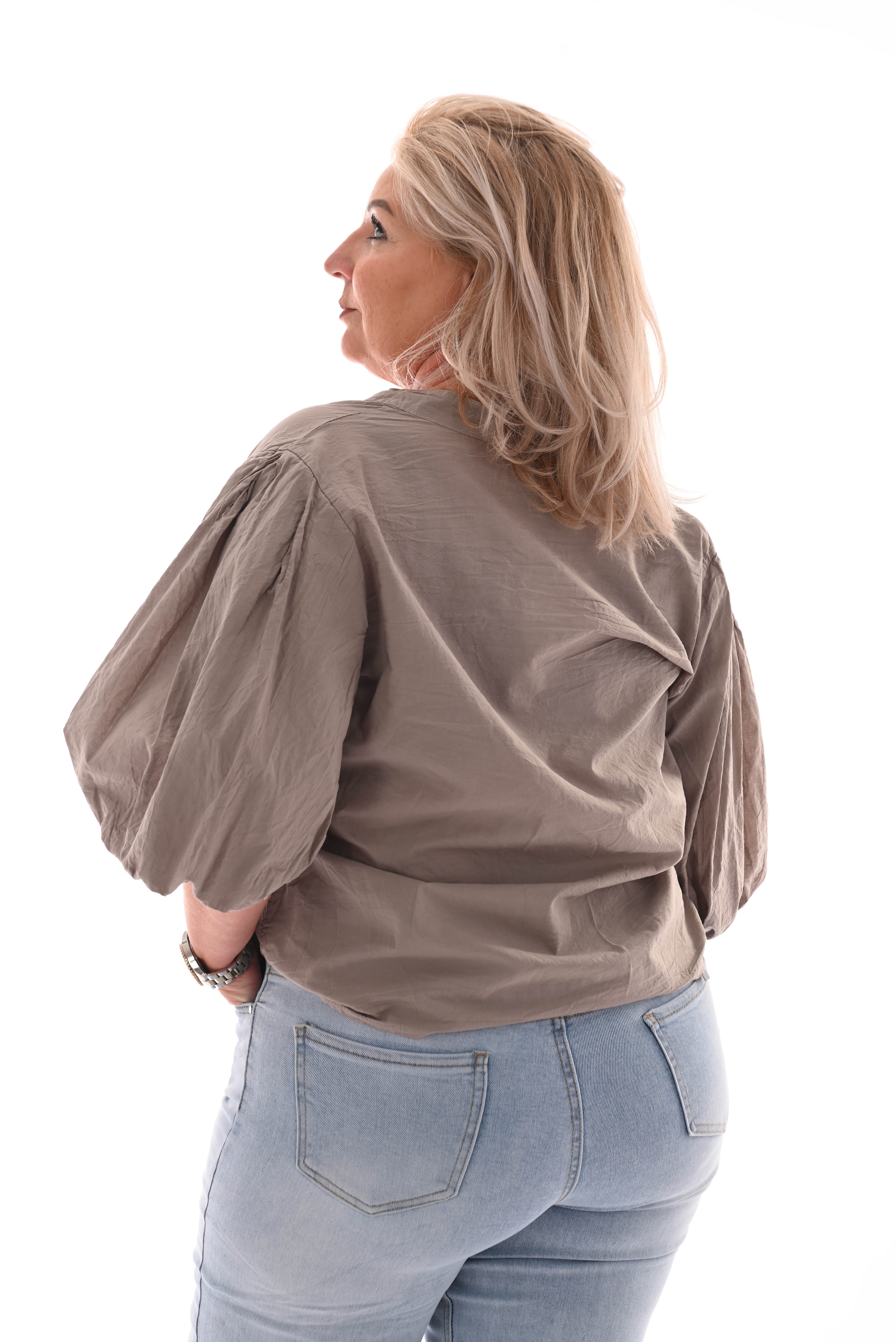 Blouse korte pofmouwen uni taupe