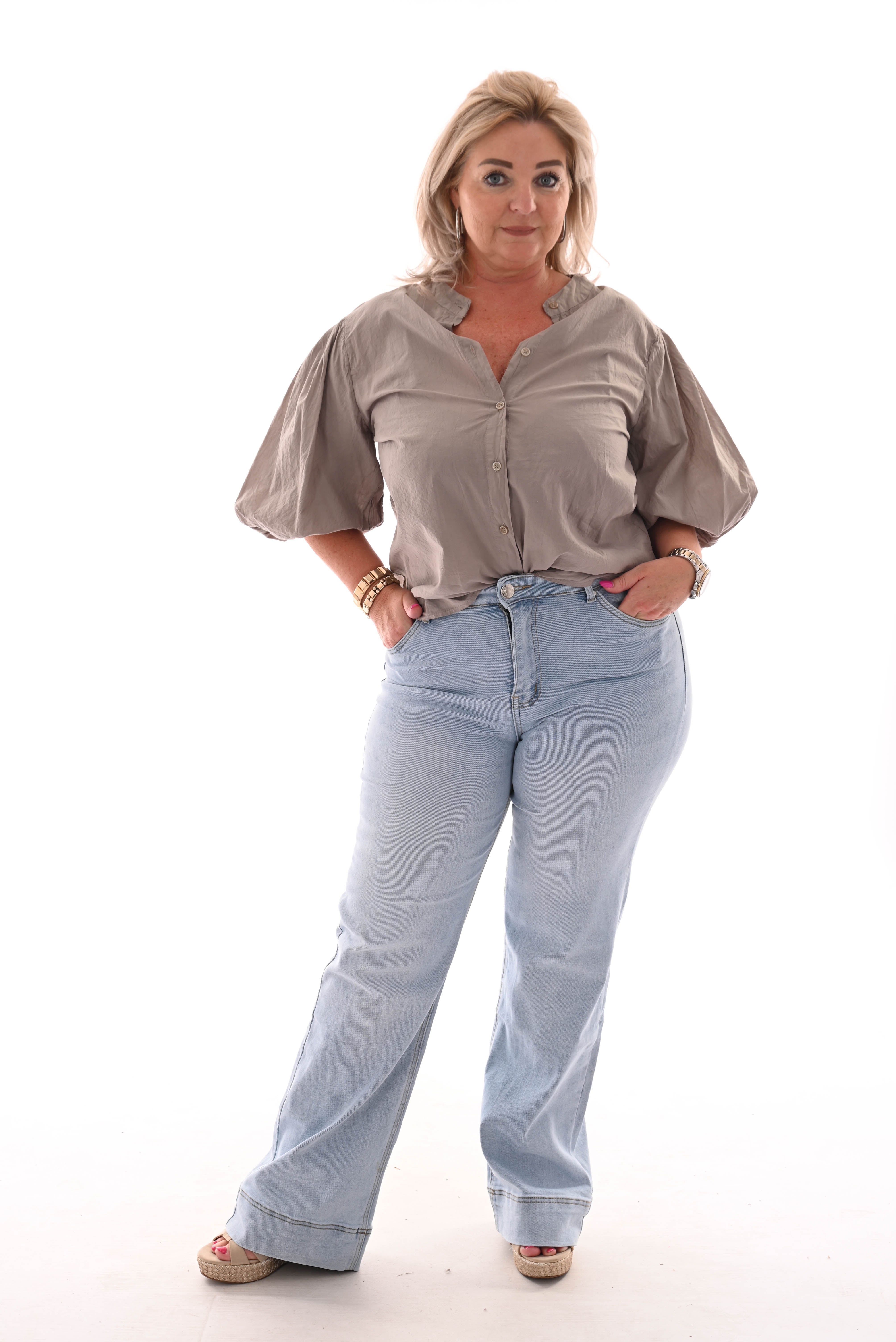Blouse korte pofmouwen uni taupe