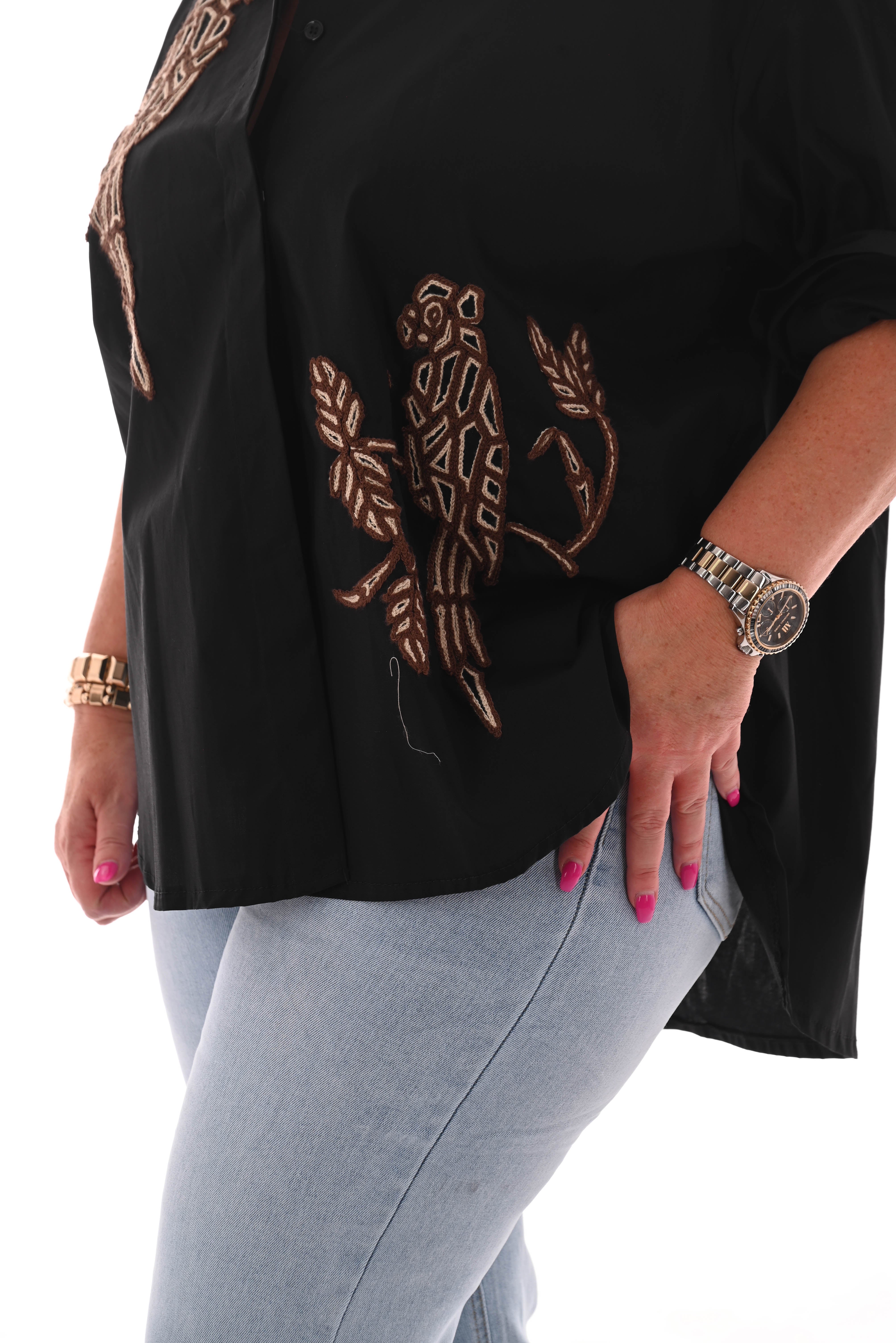 Blouse korte mouwen papegaai zwart