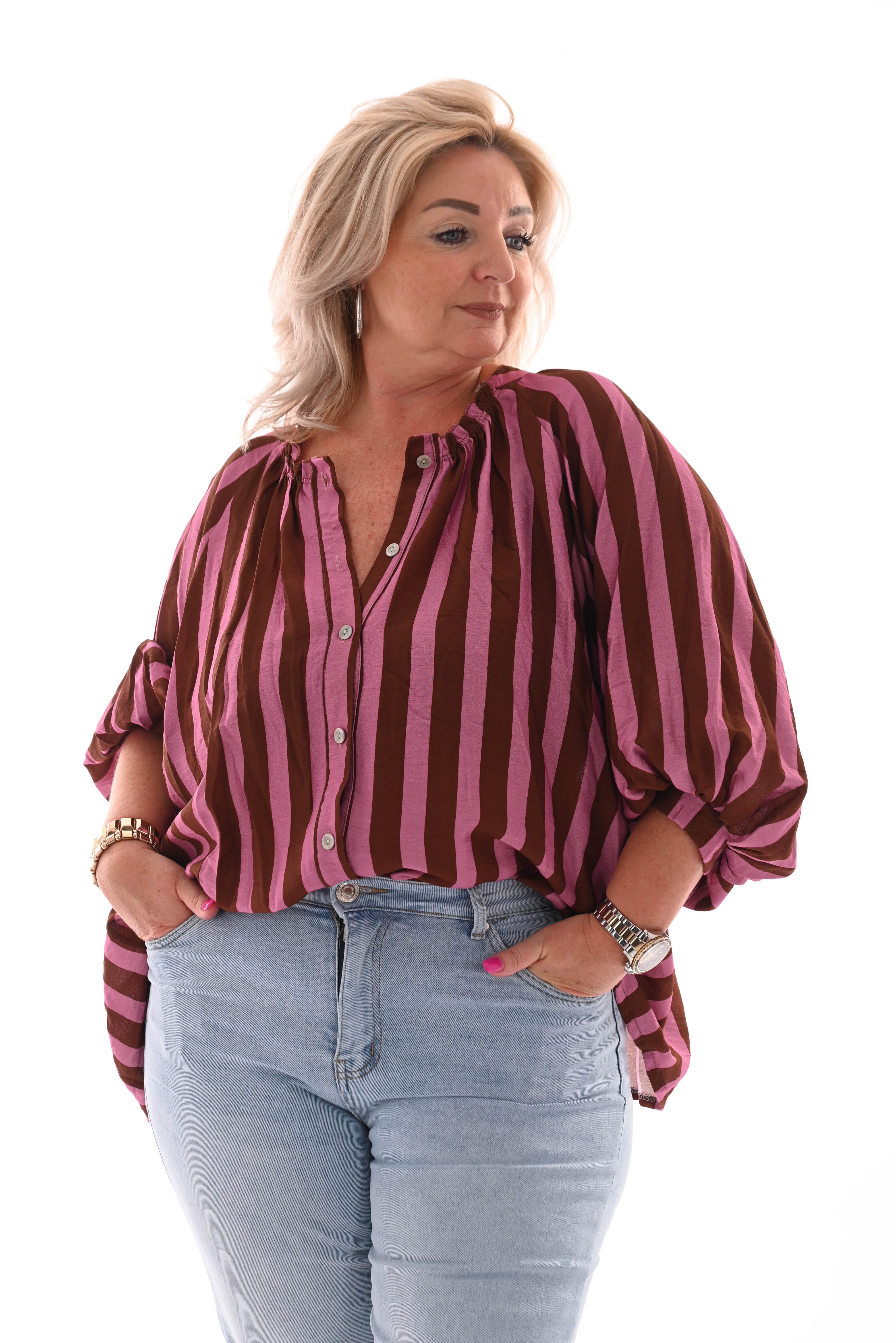 Blouse strepen korte pofmouwen bruin/roze