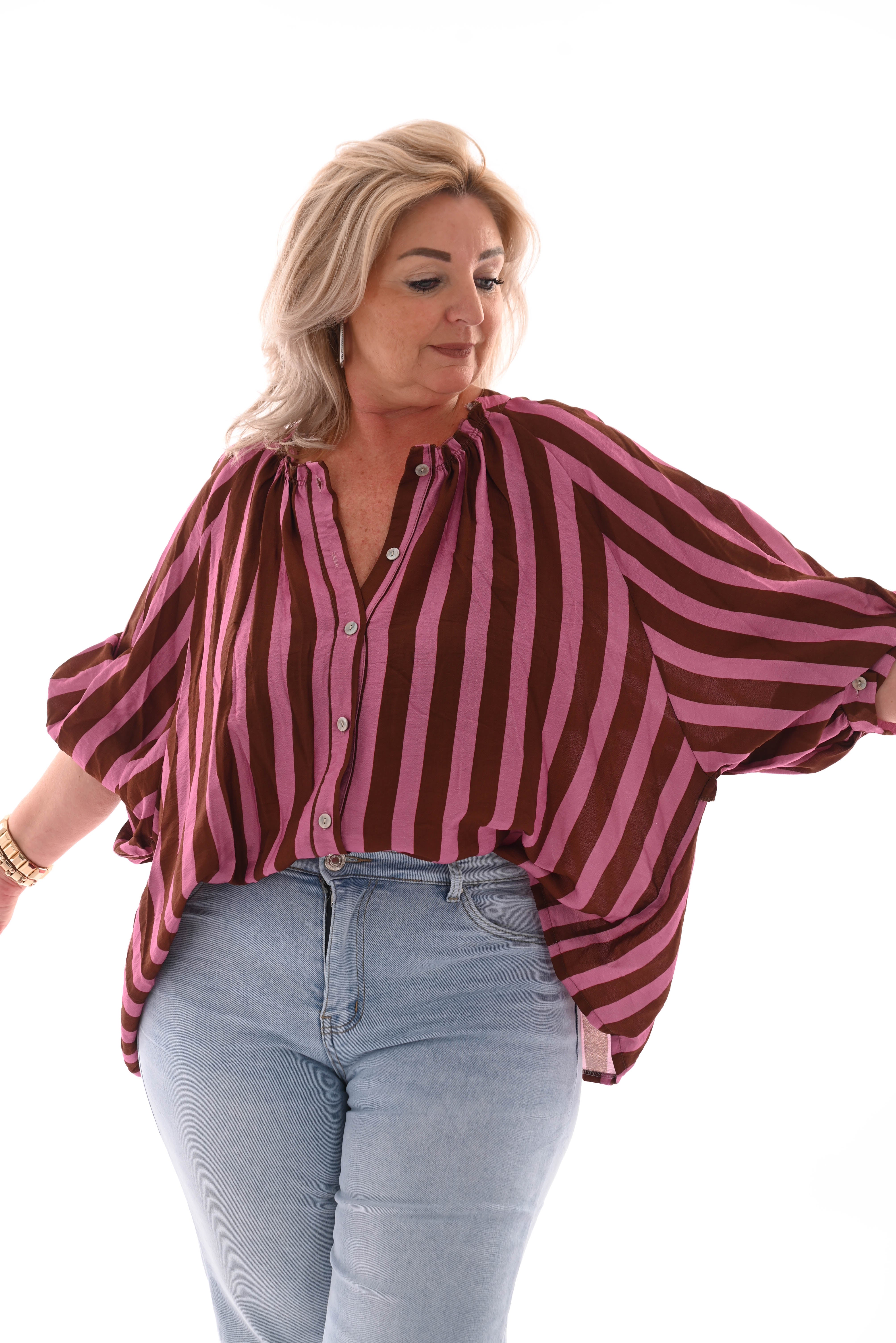 Blouse strepen korte pofmouwen bruin/roze