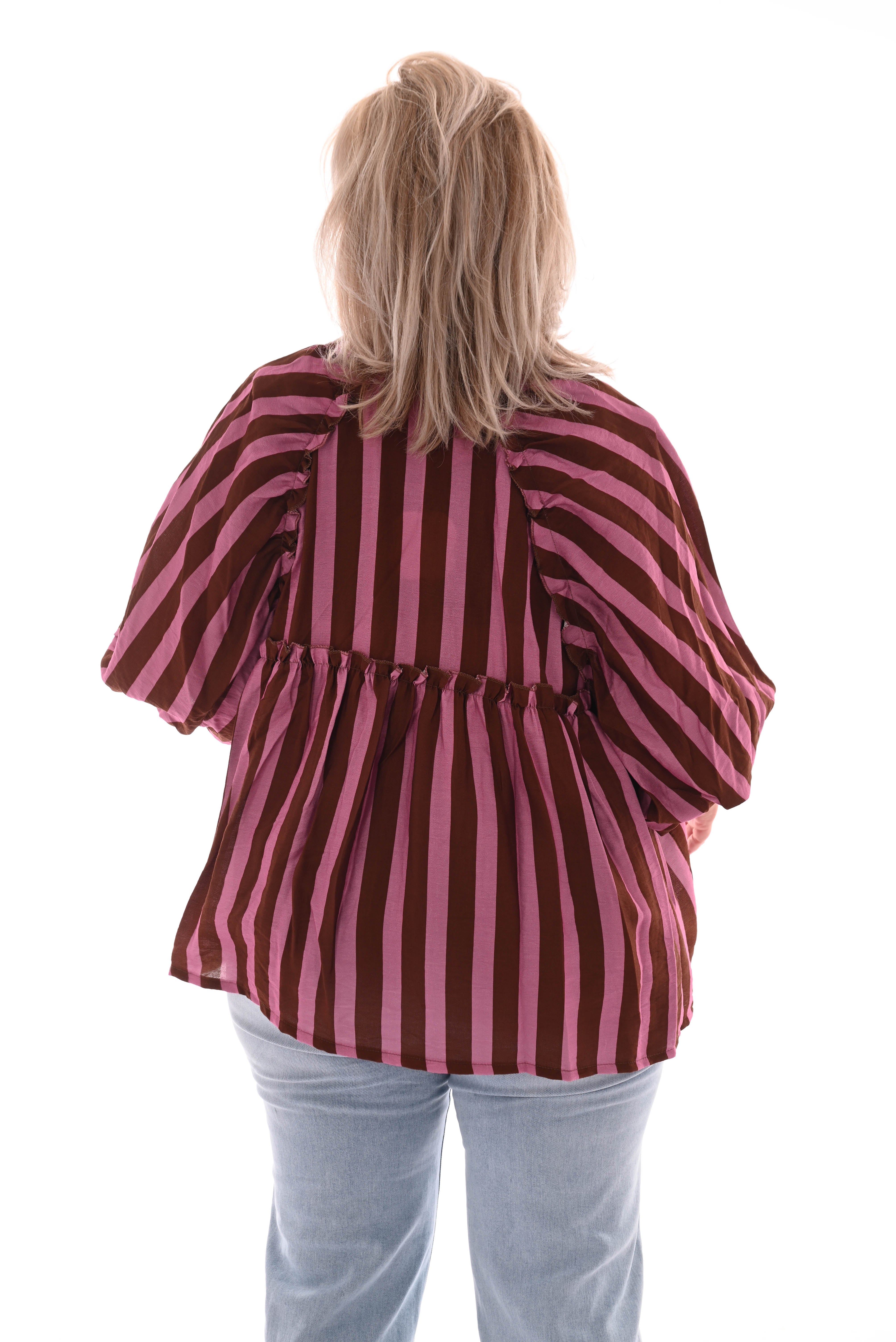 Blouse strepen korte pofmouwen bruin/roze