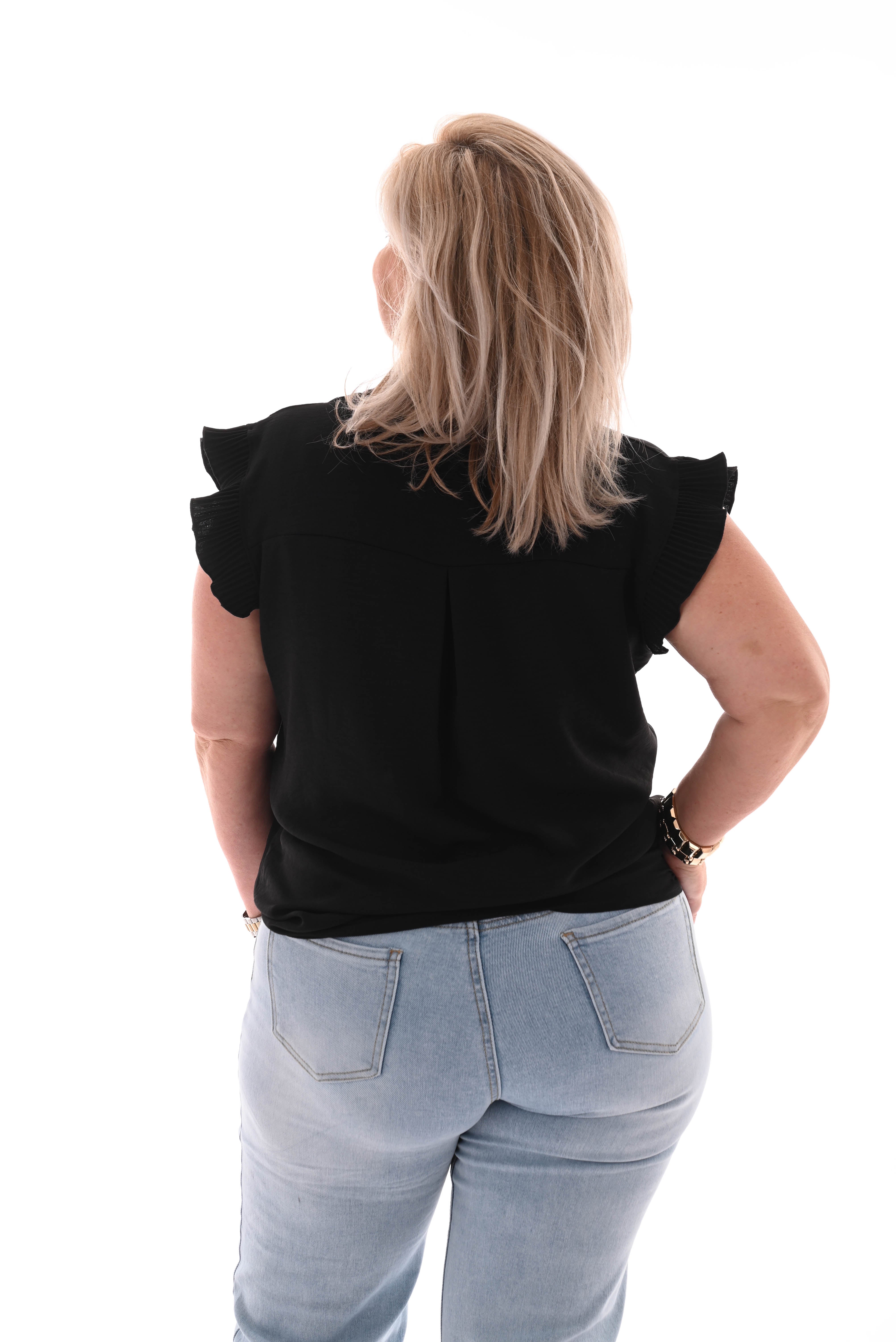 Top v-hals korte plisse mouwen zwart