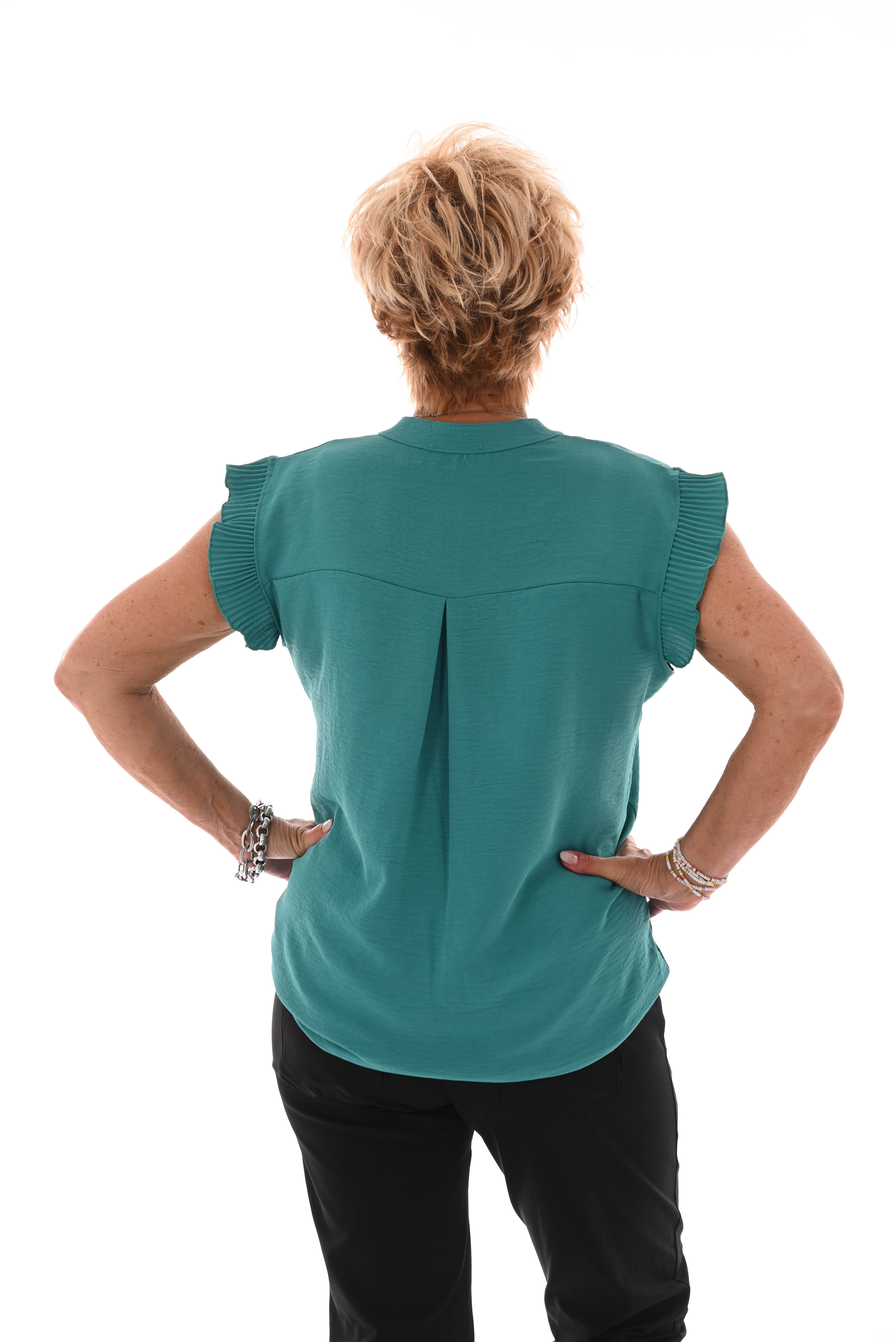 Top v-hals korte plisse mouwen turquoise