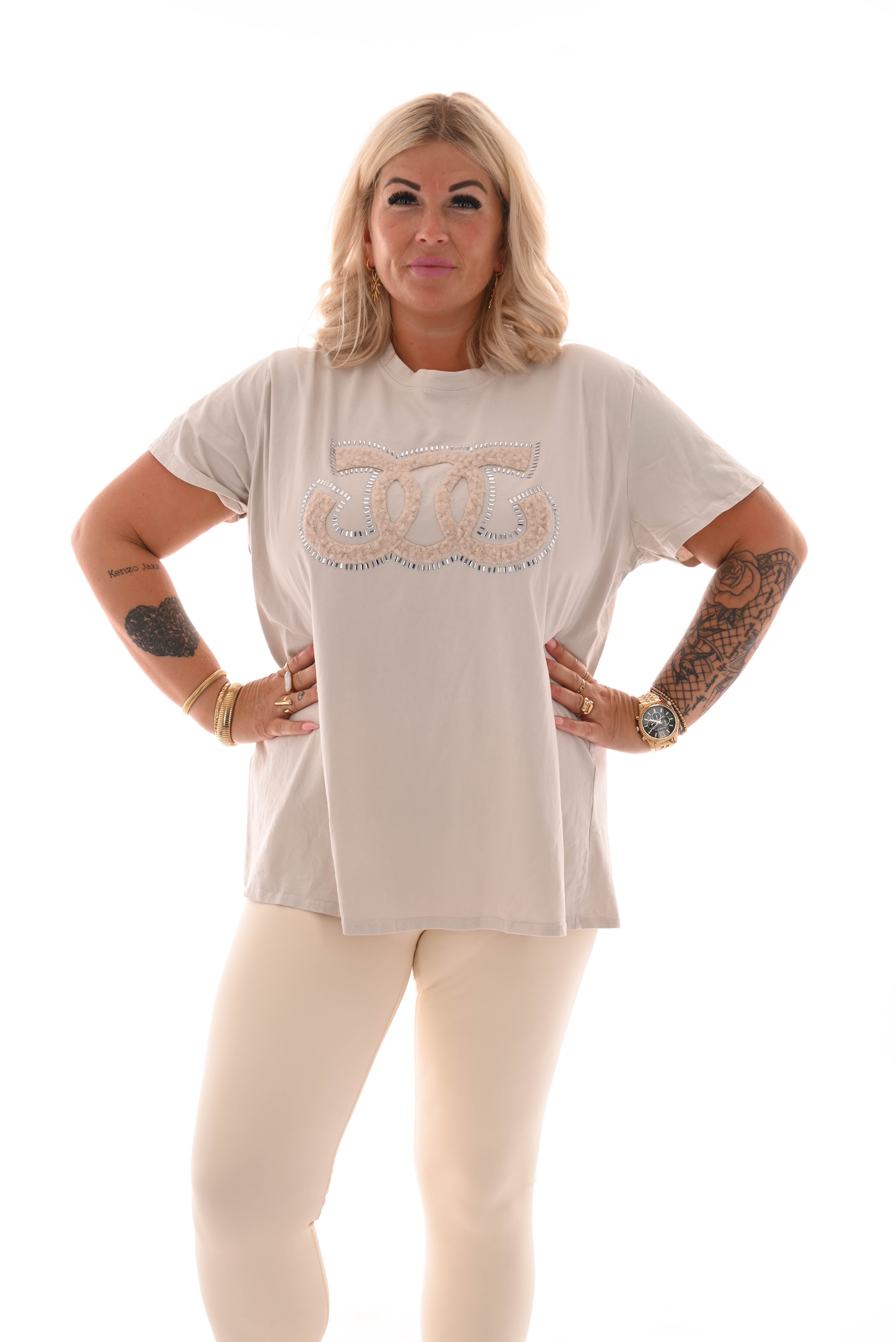 Shirt teddy en strass beige