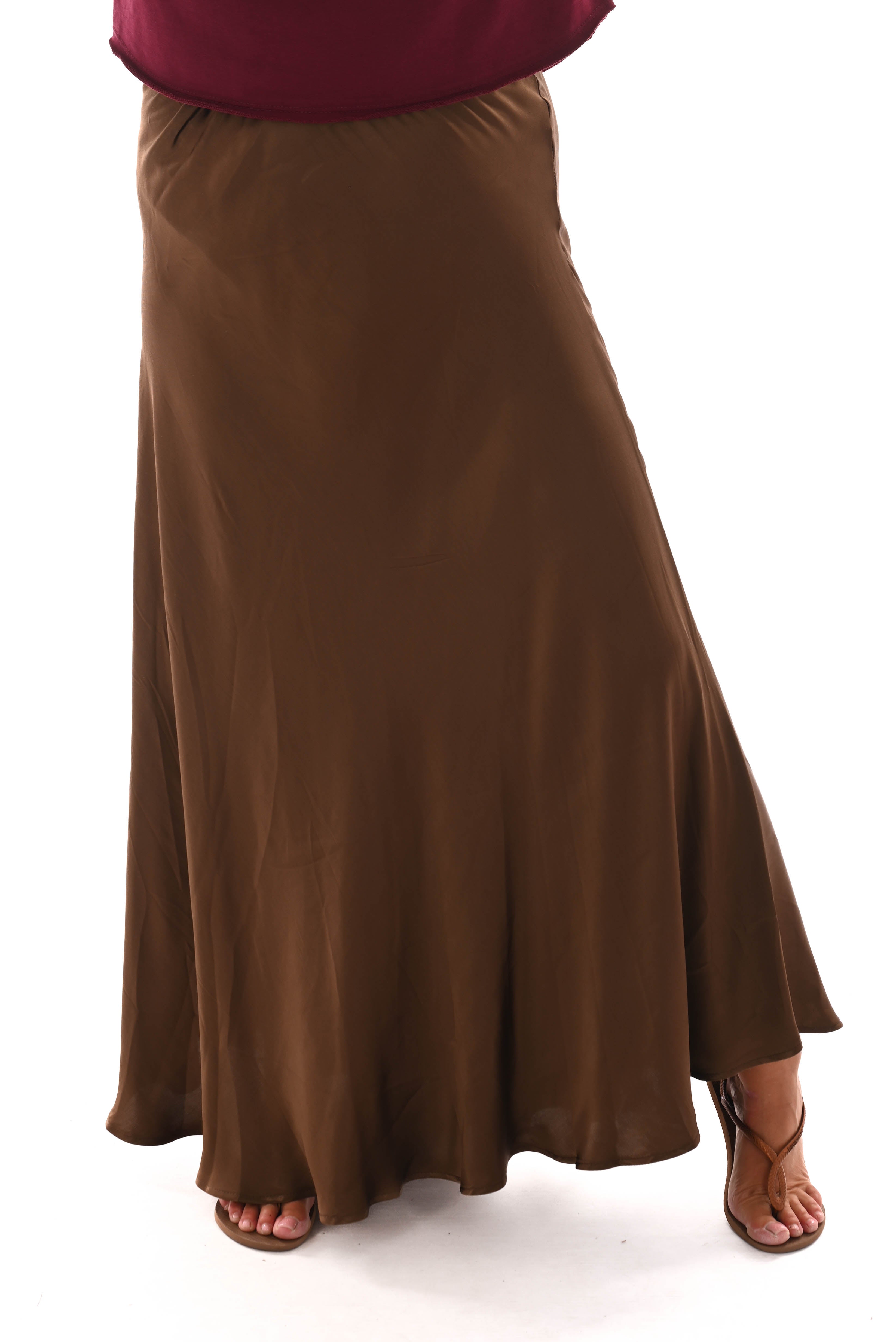 Lange silky rok donkerbruin