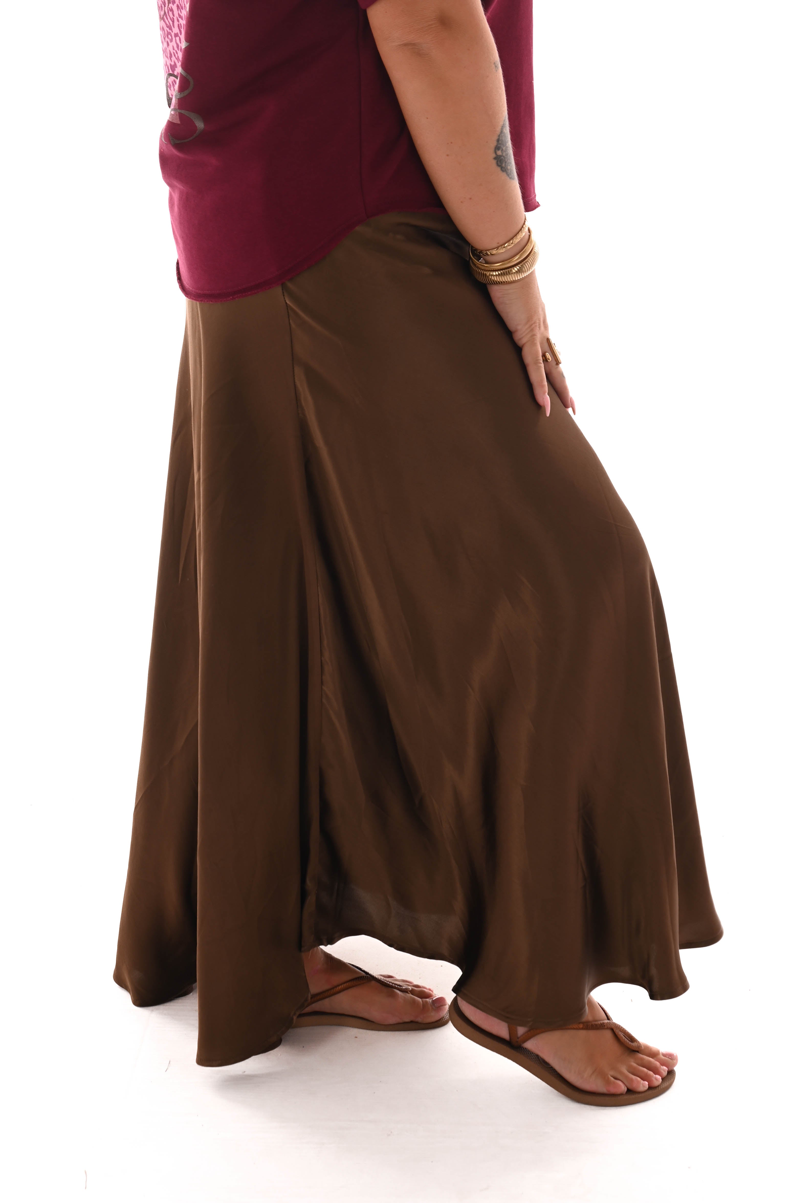 Lange silky rok donkerbruin