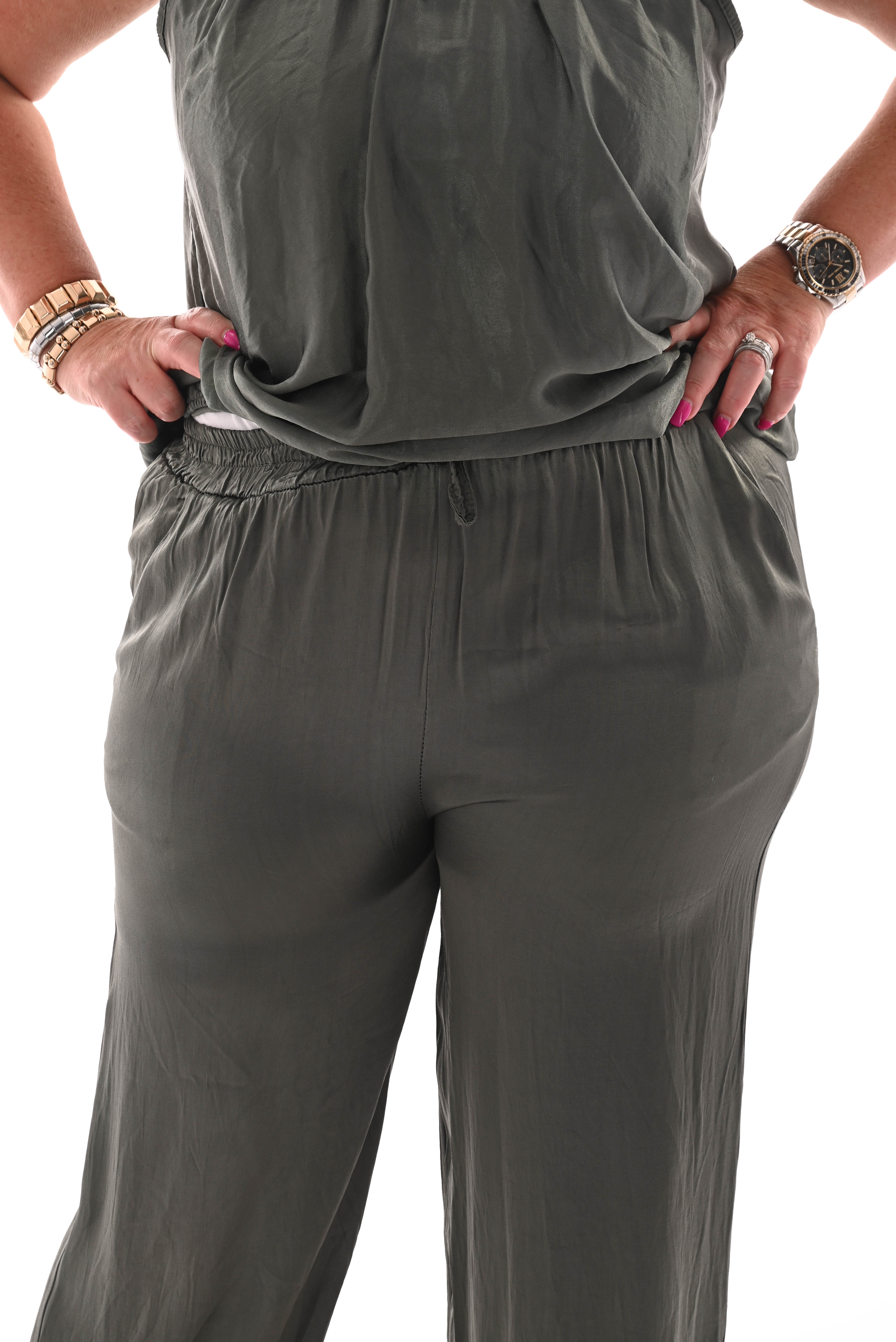 Silky set met ballon top donkergroen