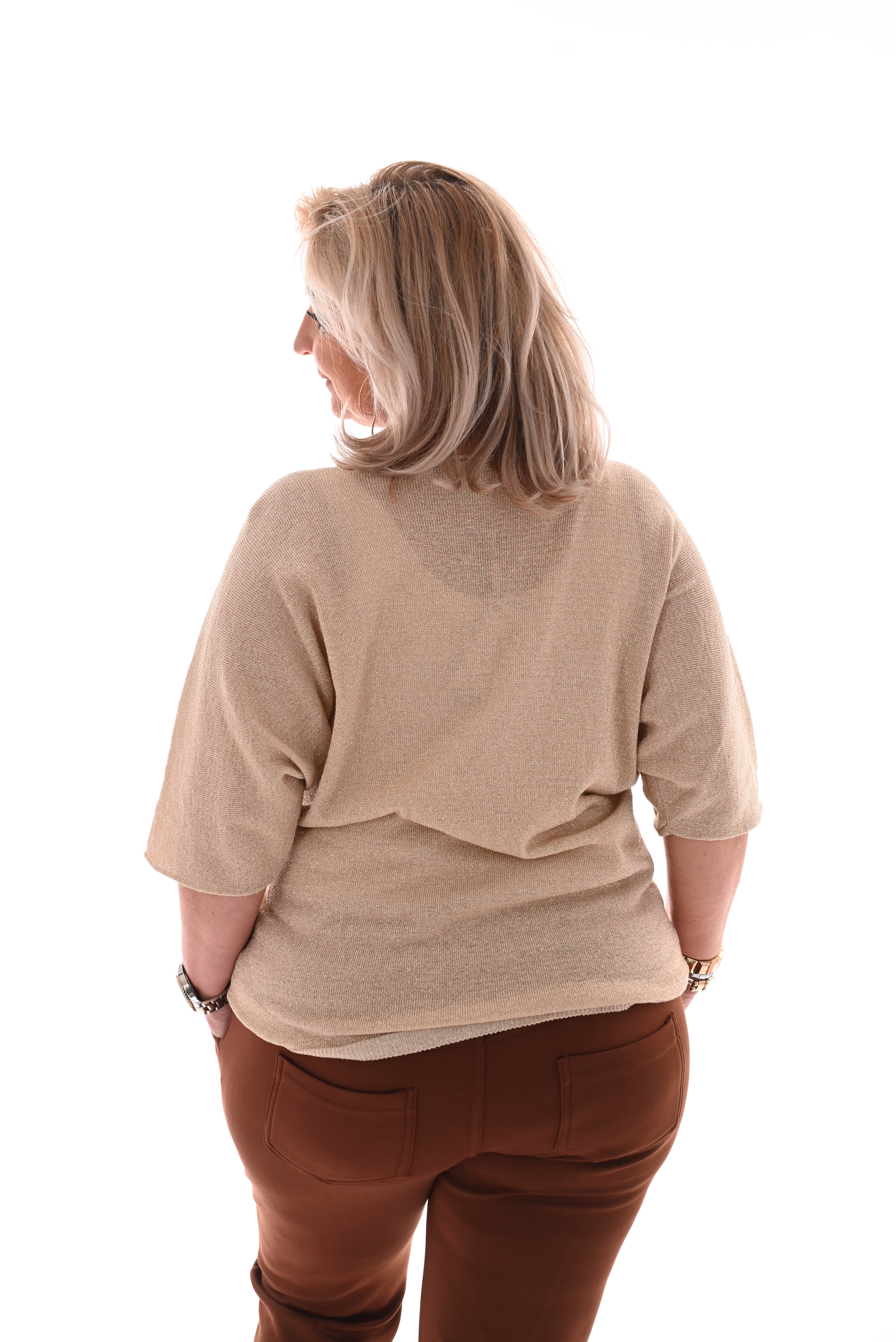 Top v-hals korte mouwen lurex creme