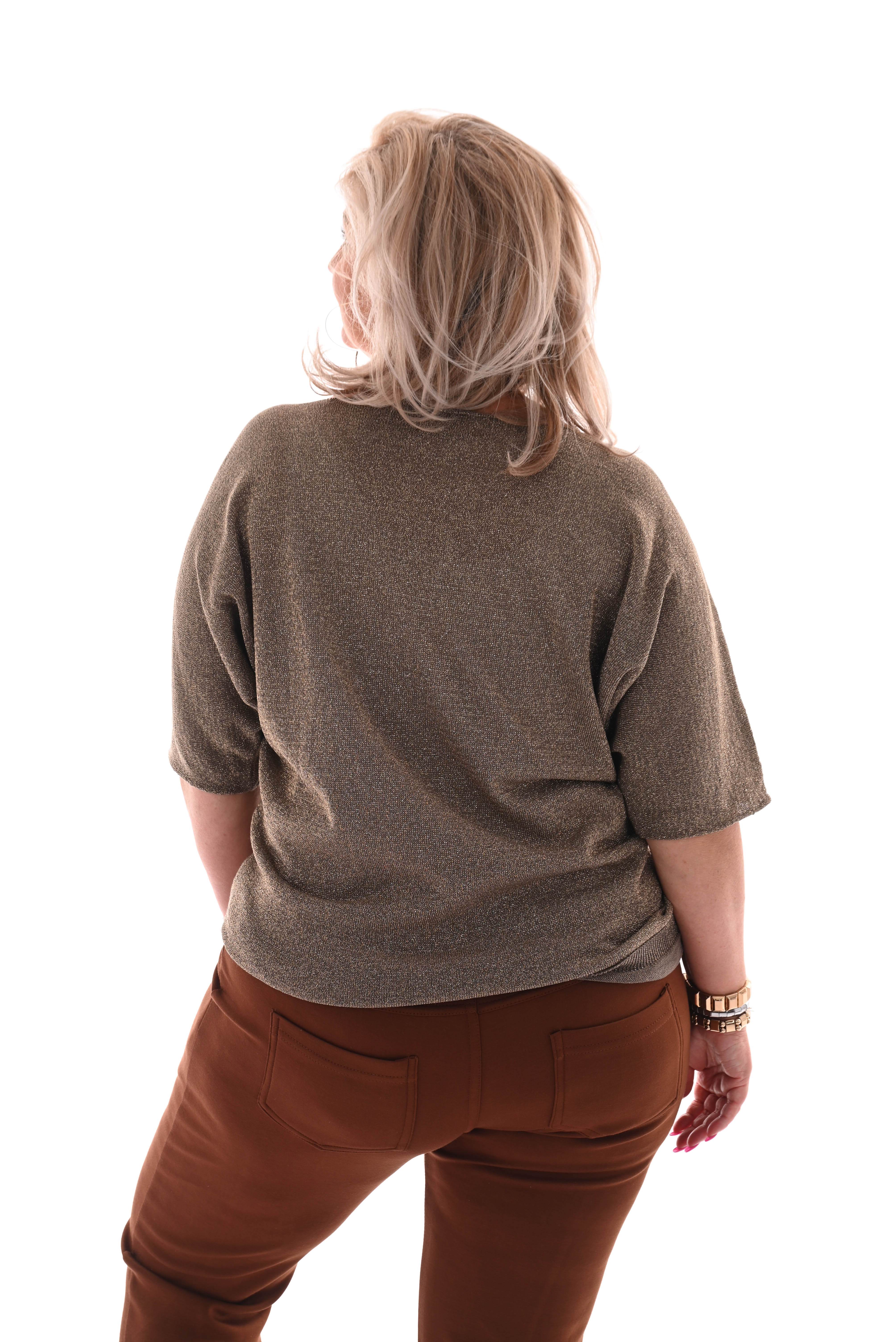Top v-hals lurex korte mouwen taupe