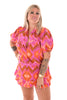 Tweedelig set kort blouse en skort zigzag patroon roze/oranje