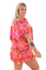 Tweedelig set kort blouse en skort zigzag patroon roze/oranje