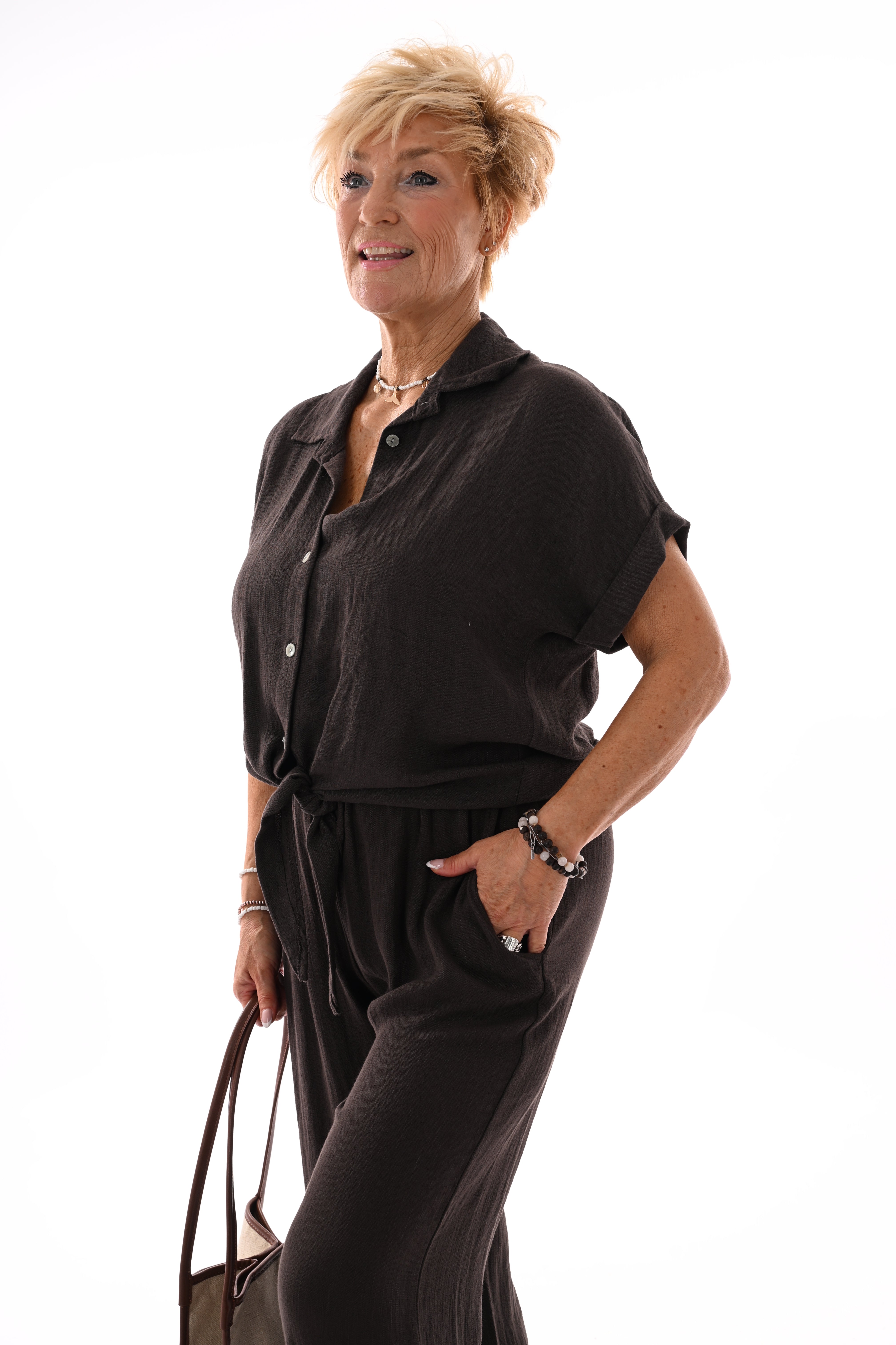 Tweedelig set blouse met knoop uni donkerbruin
