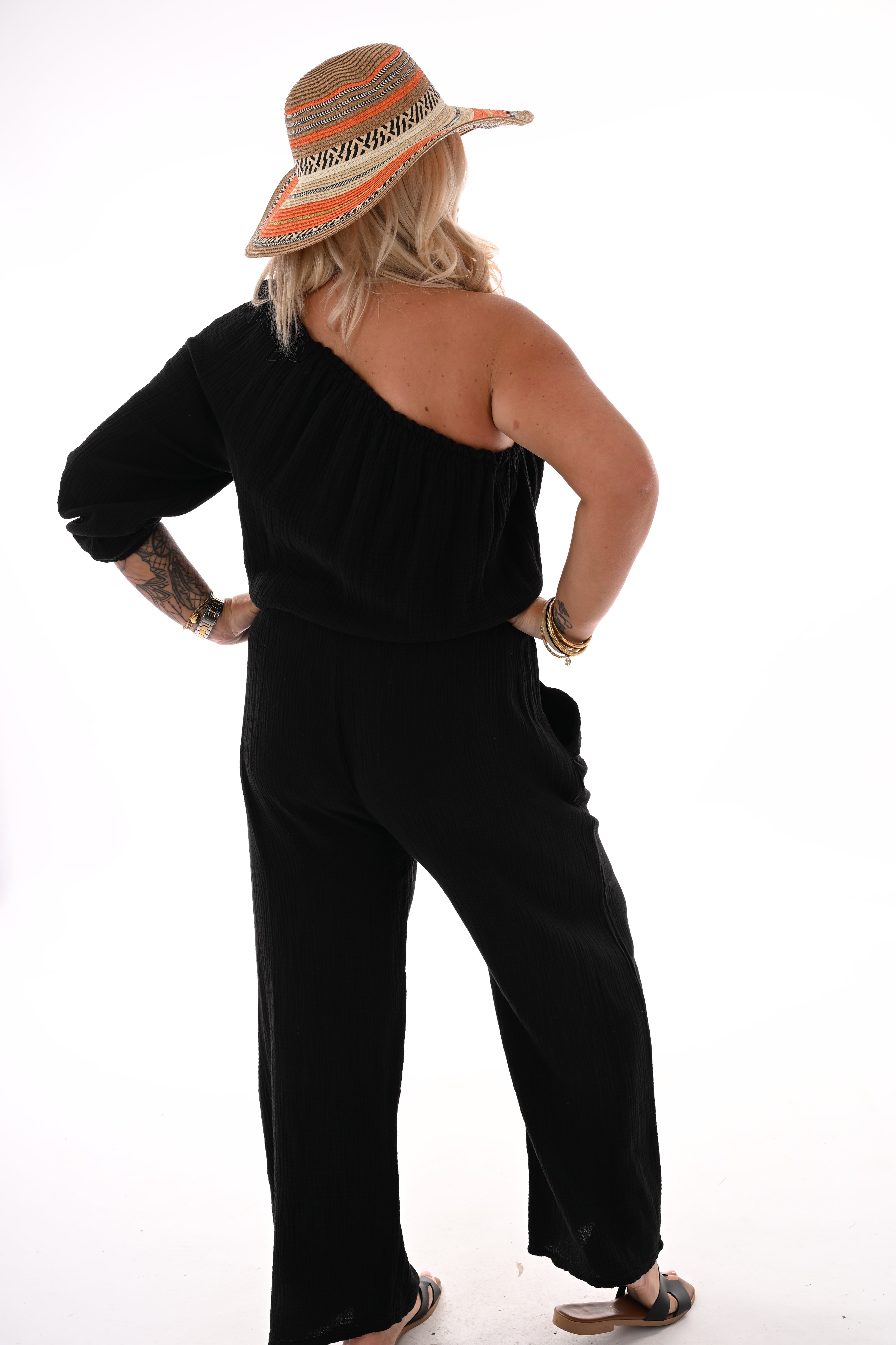 Wafel jumpsuit one sleeve zwart
