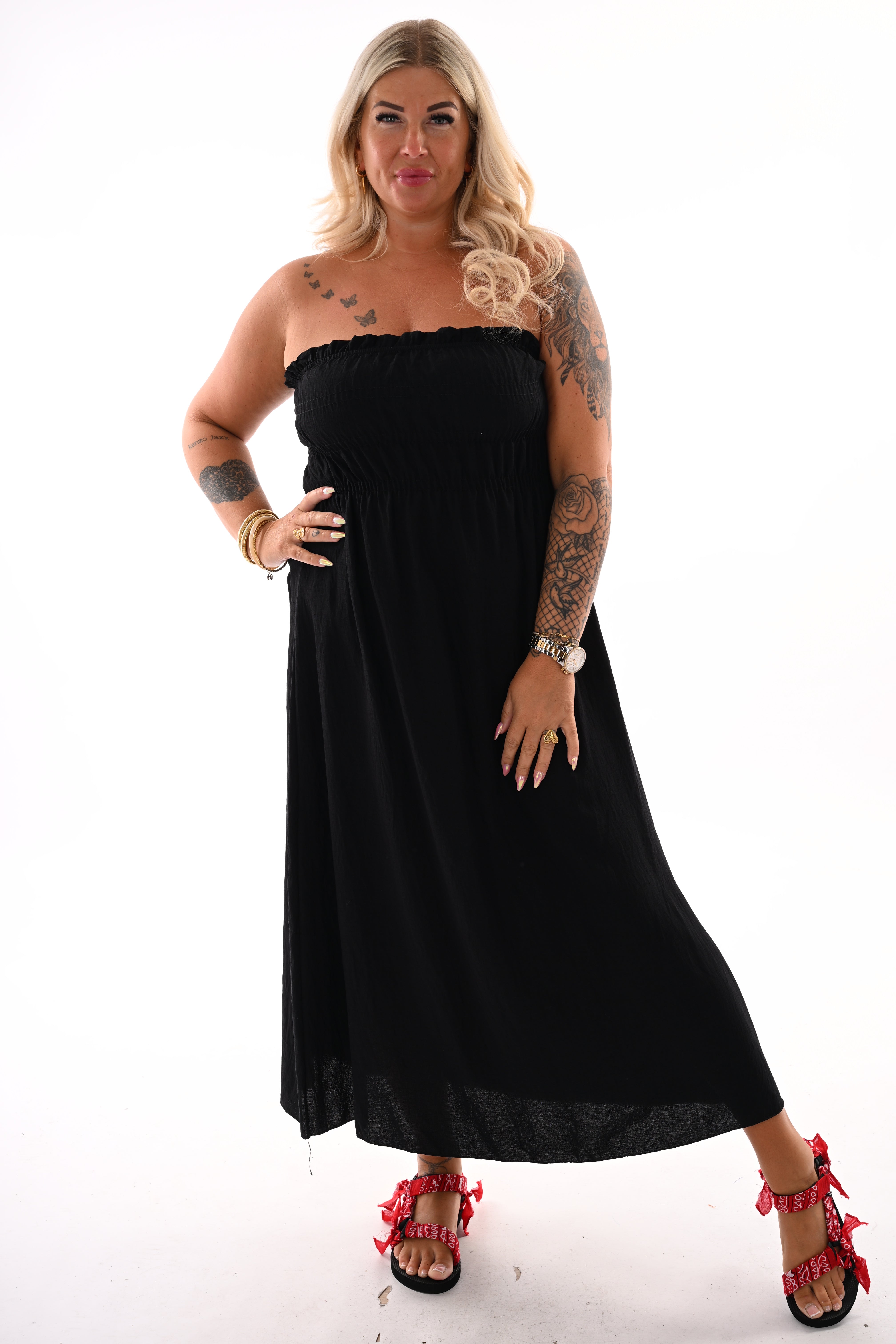Off-shoulder jurk met smock zwart