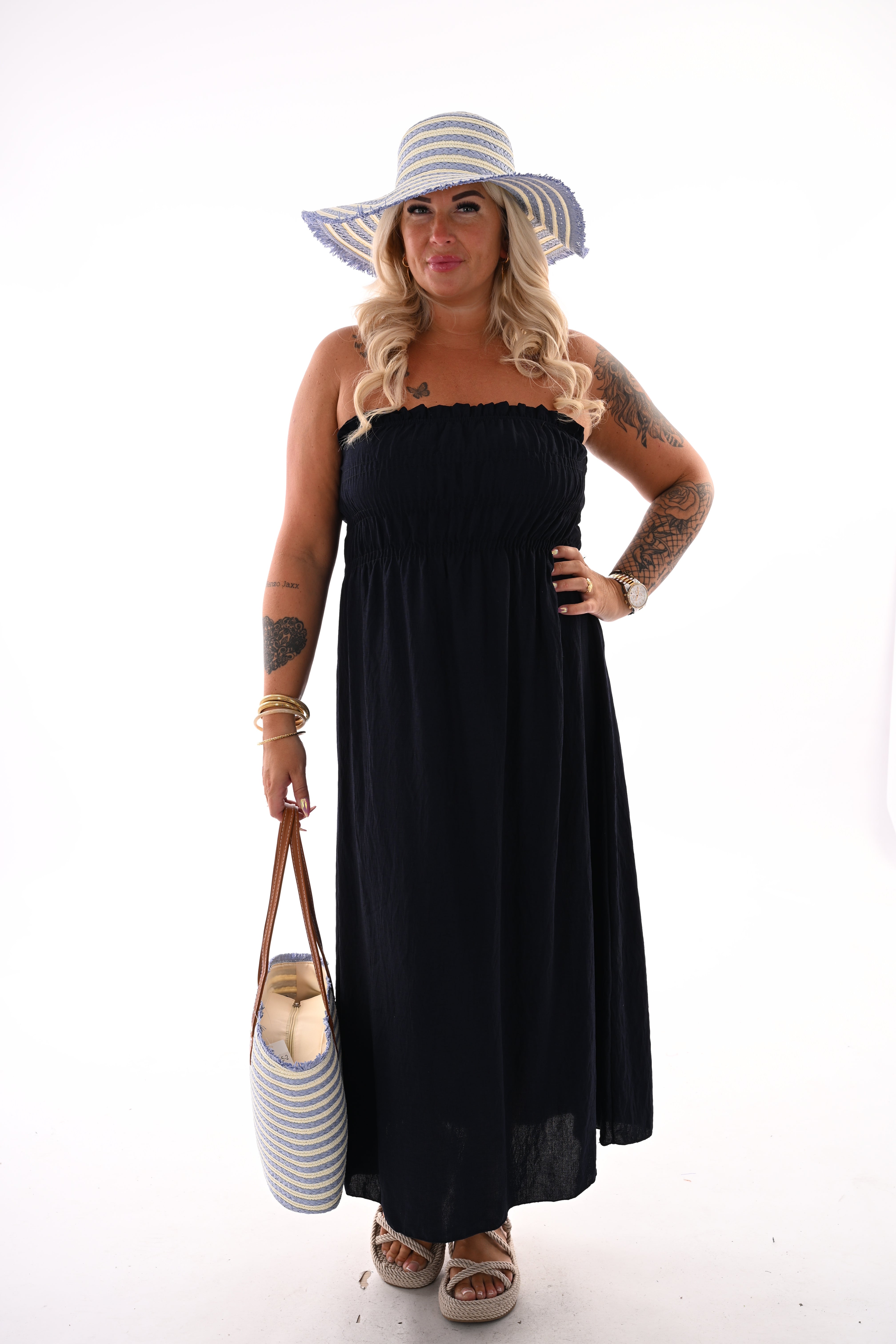 Off-shoulder jurk met smock marineblauw