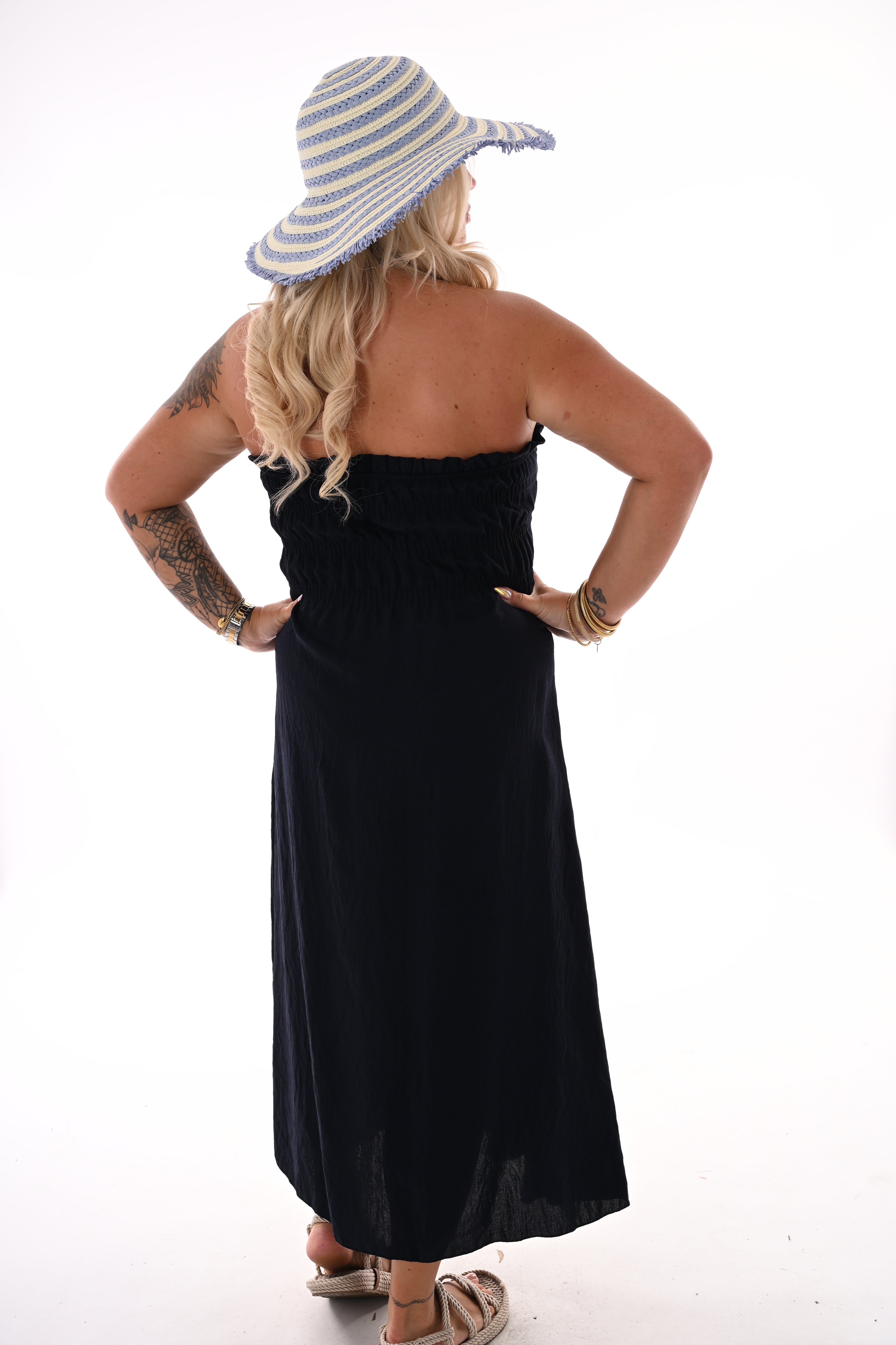 Off-shoulder jurk met smock marineblauw