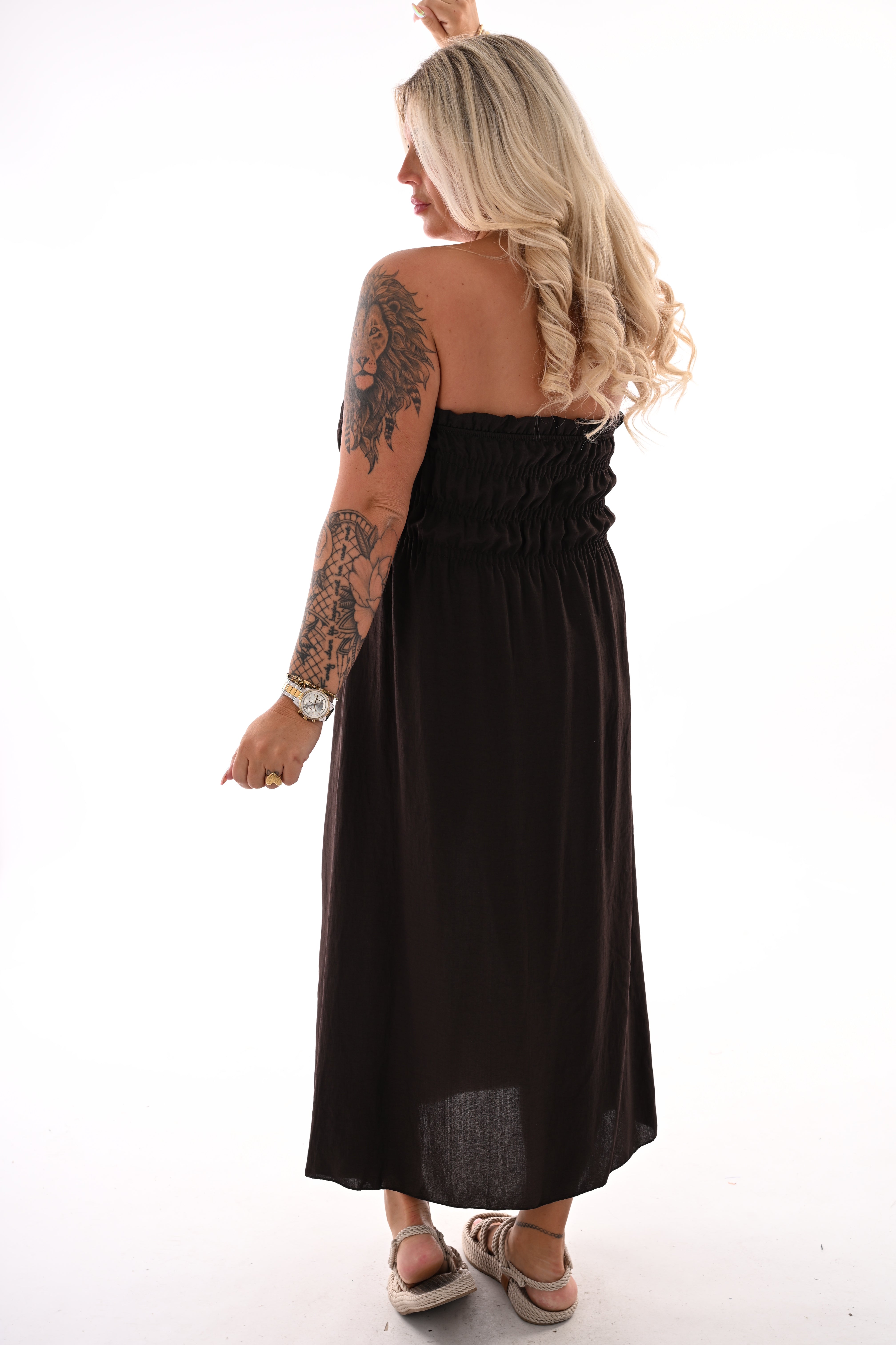 Off-shoulder jurk met smock donkerbruin