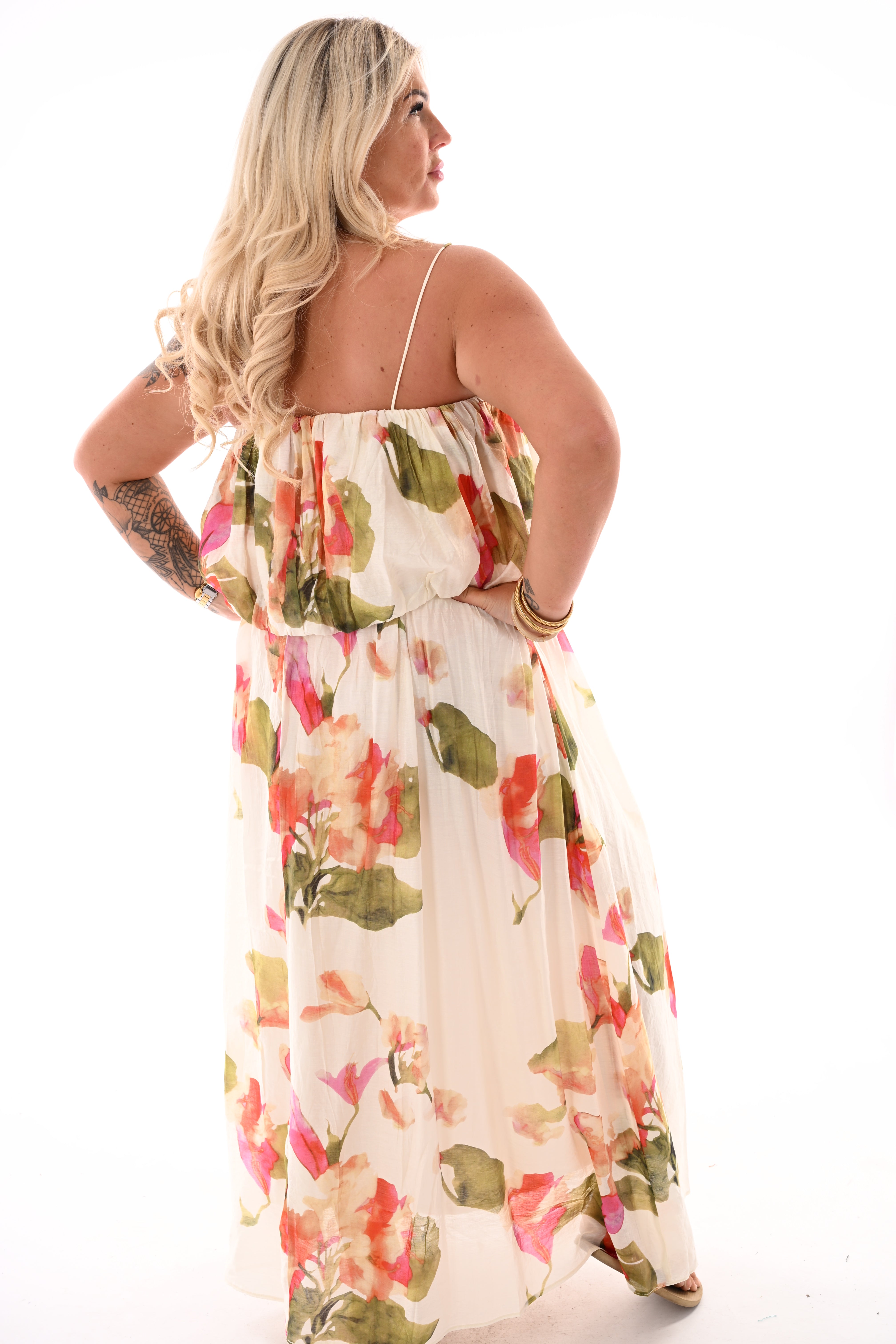 Jurk off-shoulder bloemen beige