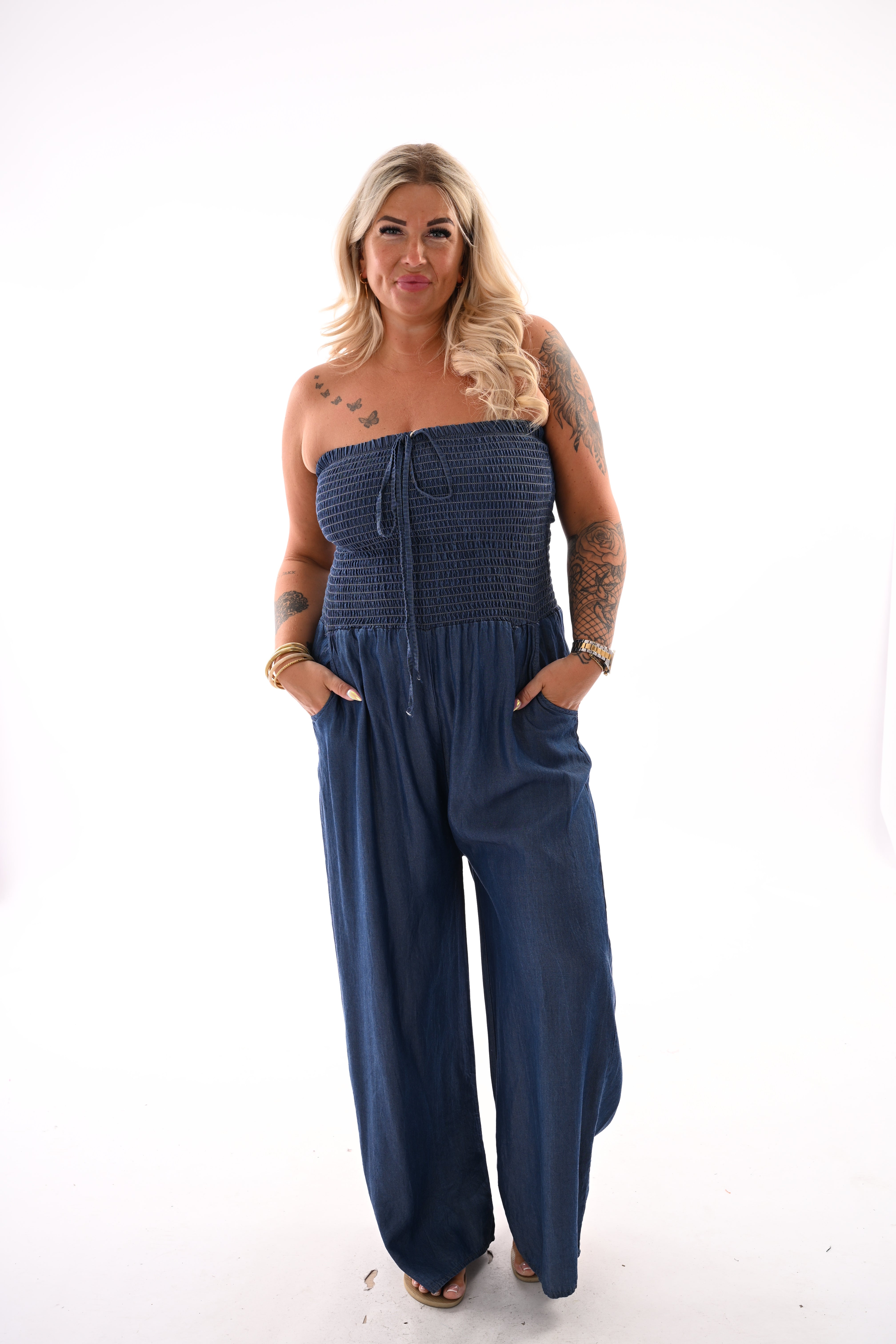 Off-shoulder jumpsuit denimlook donkerblauw
