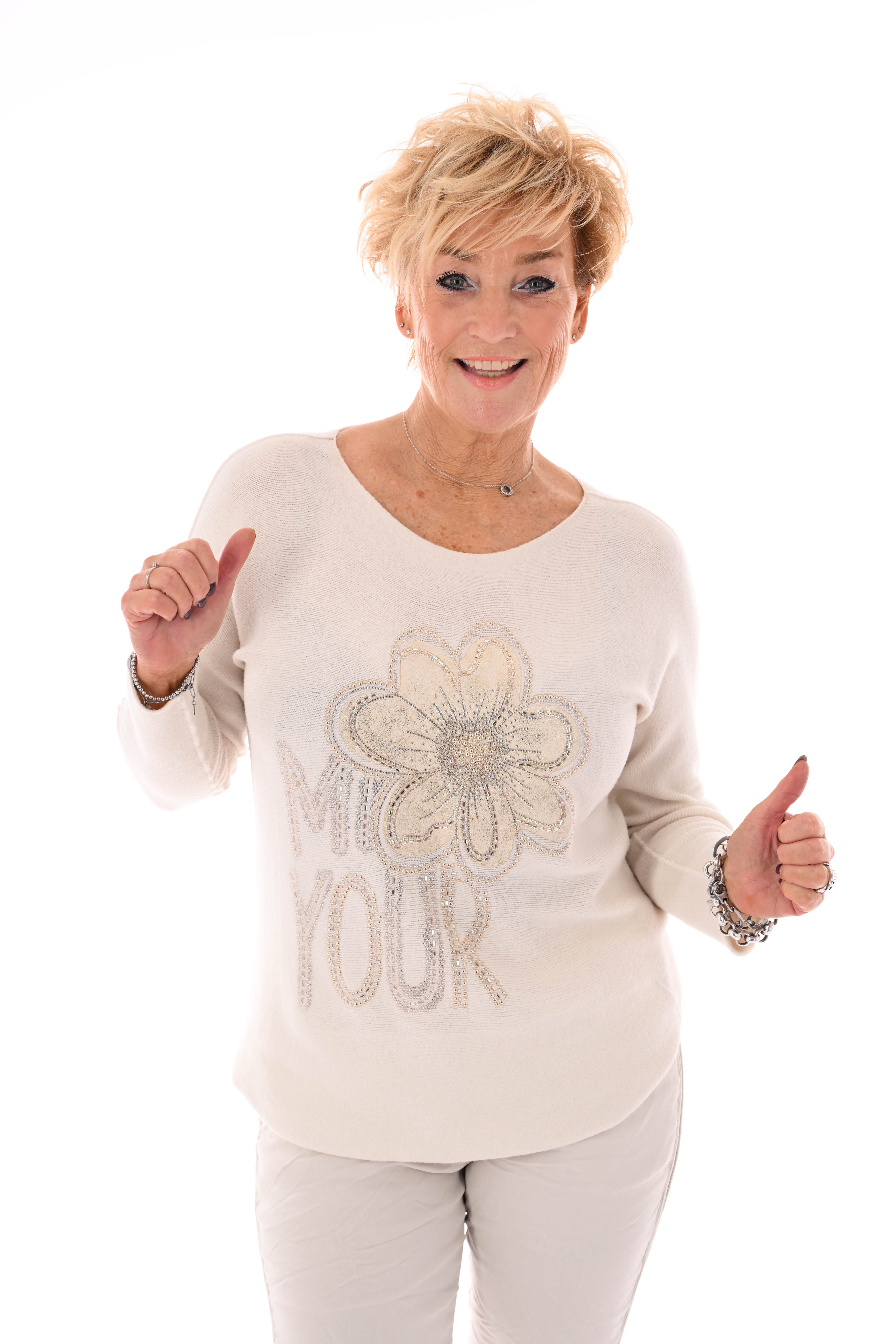 Trui bloem met strass creme