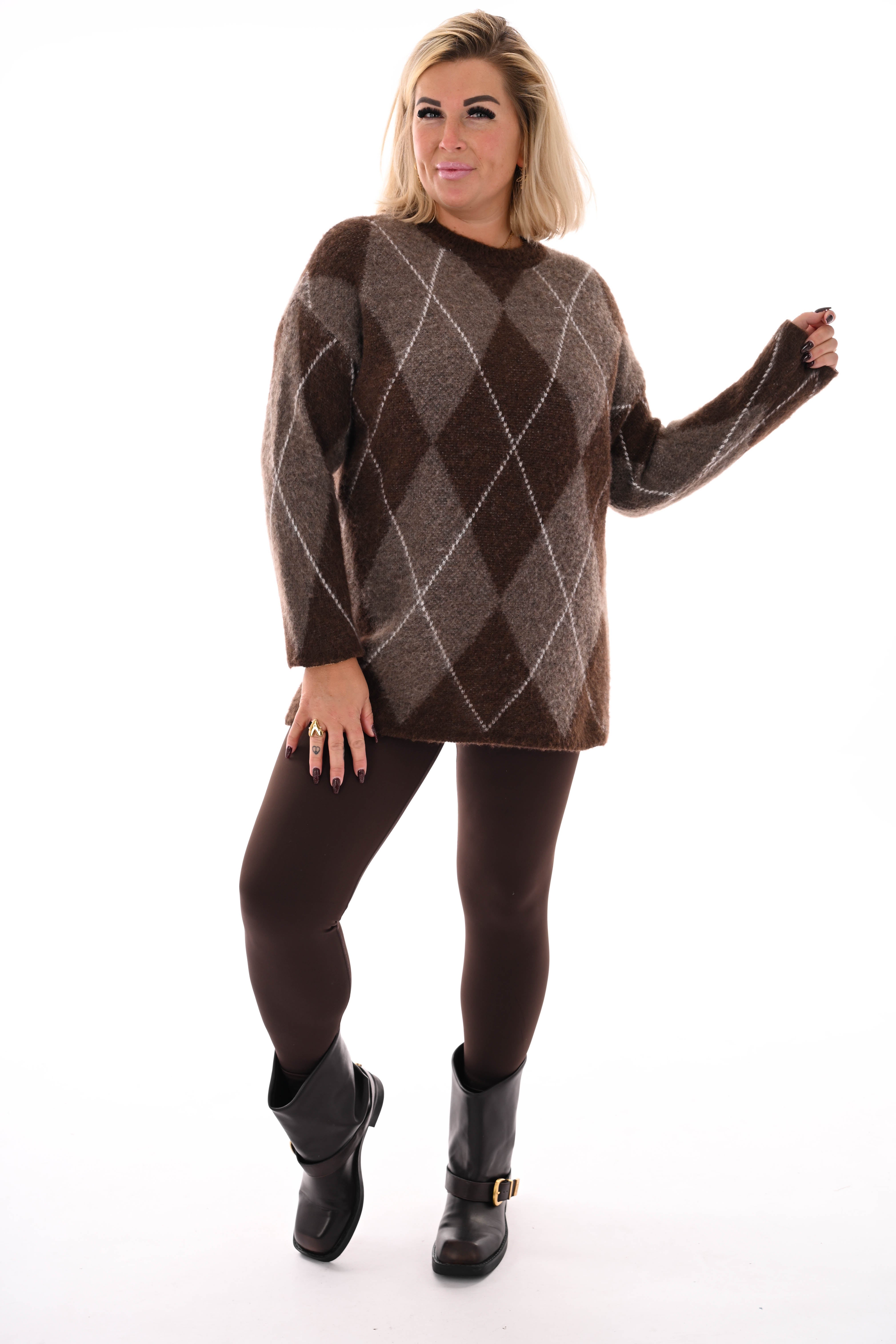 Trui ruit ronde hals bruin