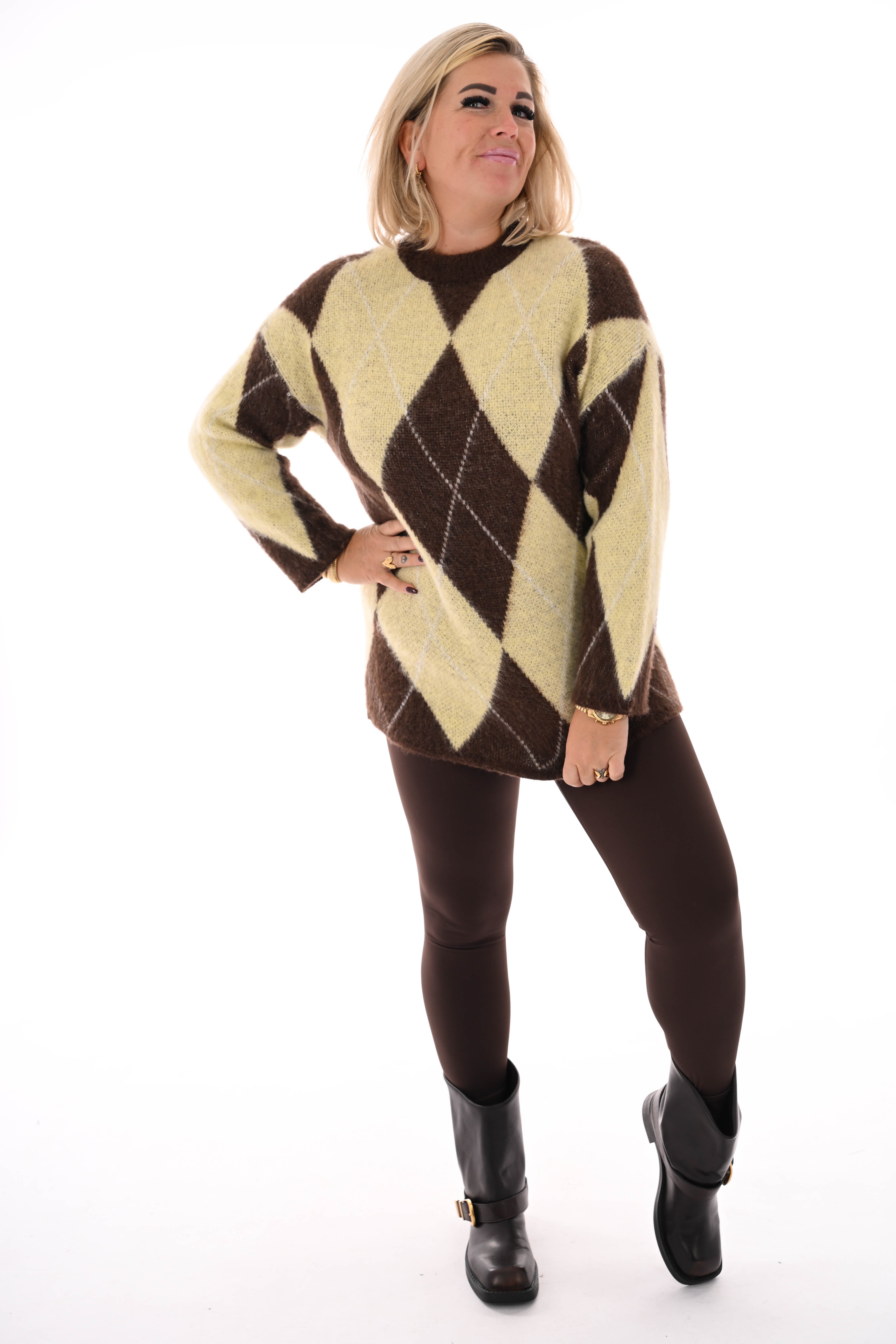 Trui ruit ronde hals geel