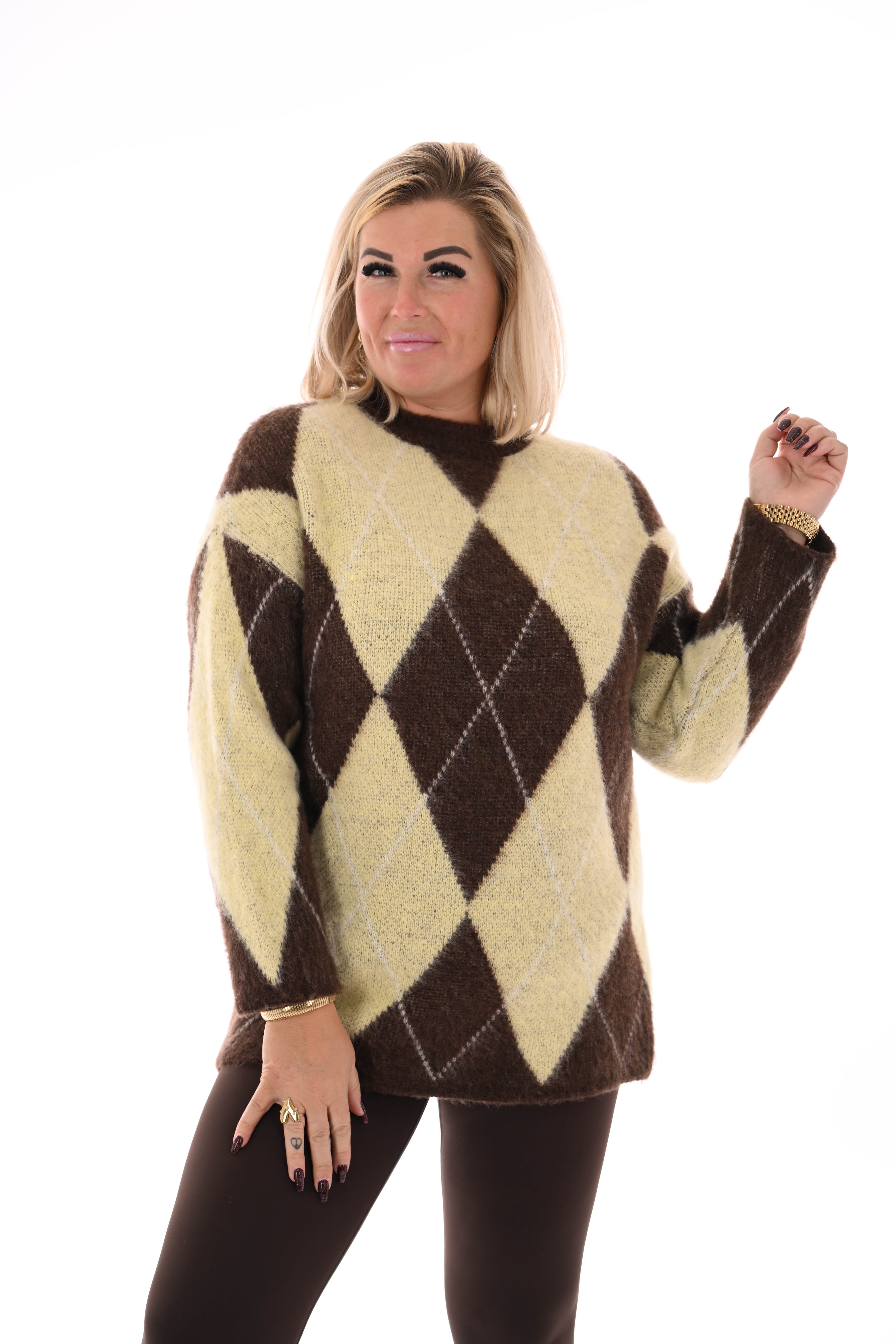 Trui ruit ronde hals geel