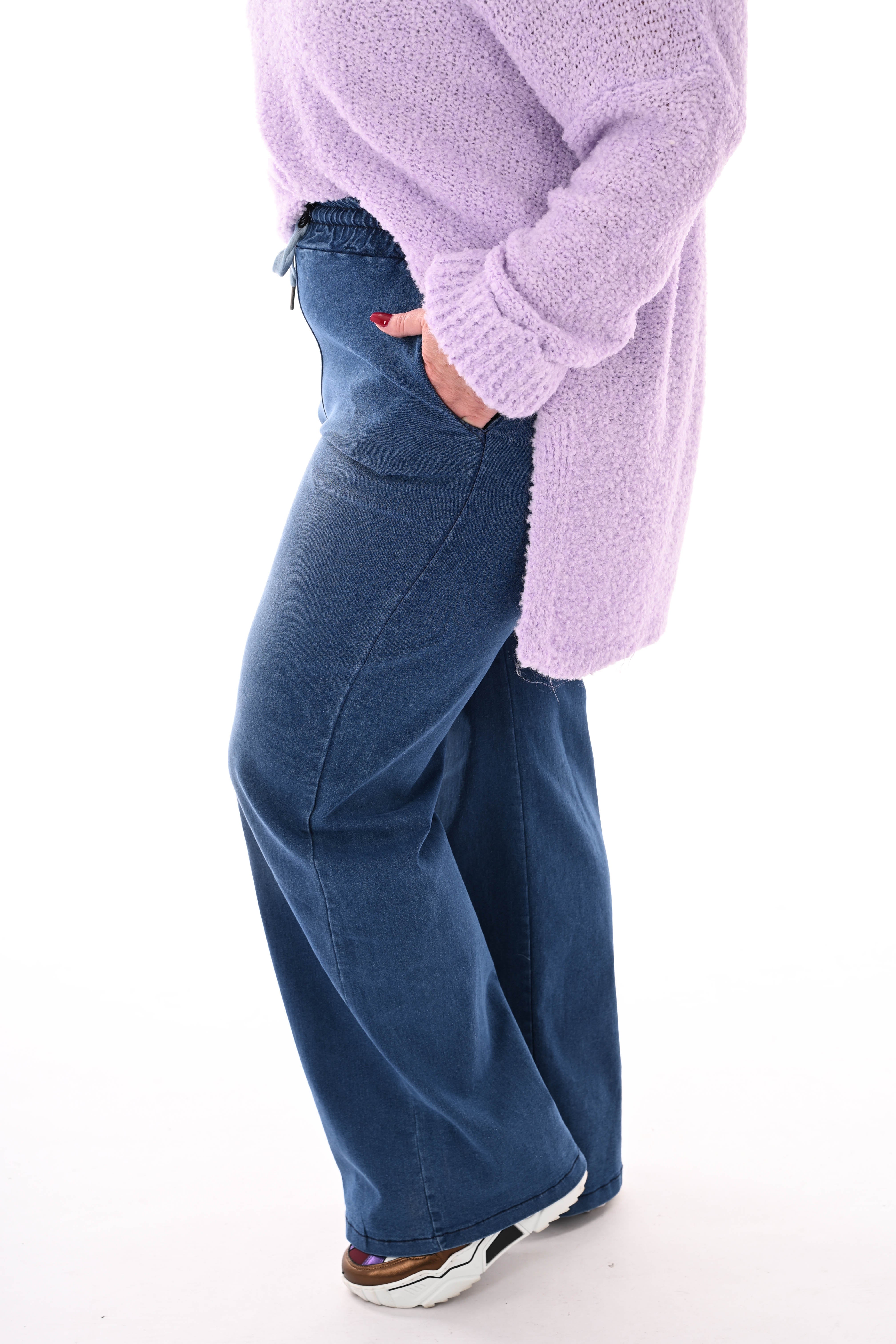 Jeans broek met elastieken tailleband donkerblauw