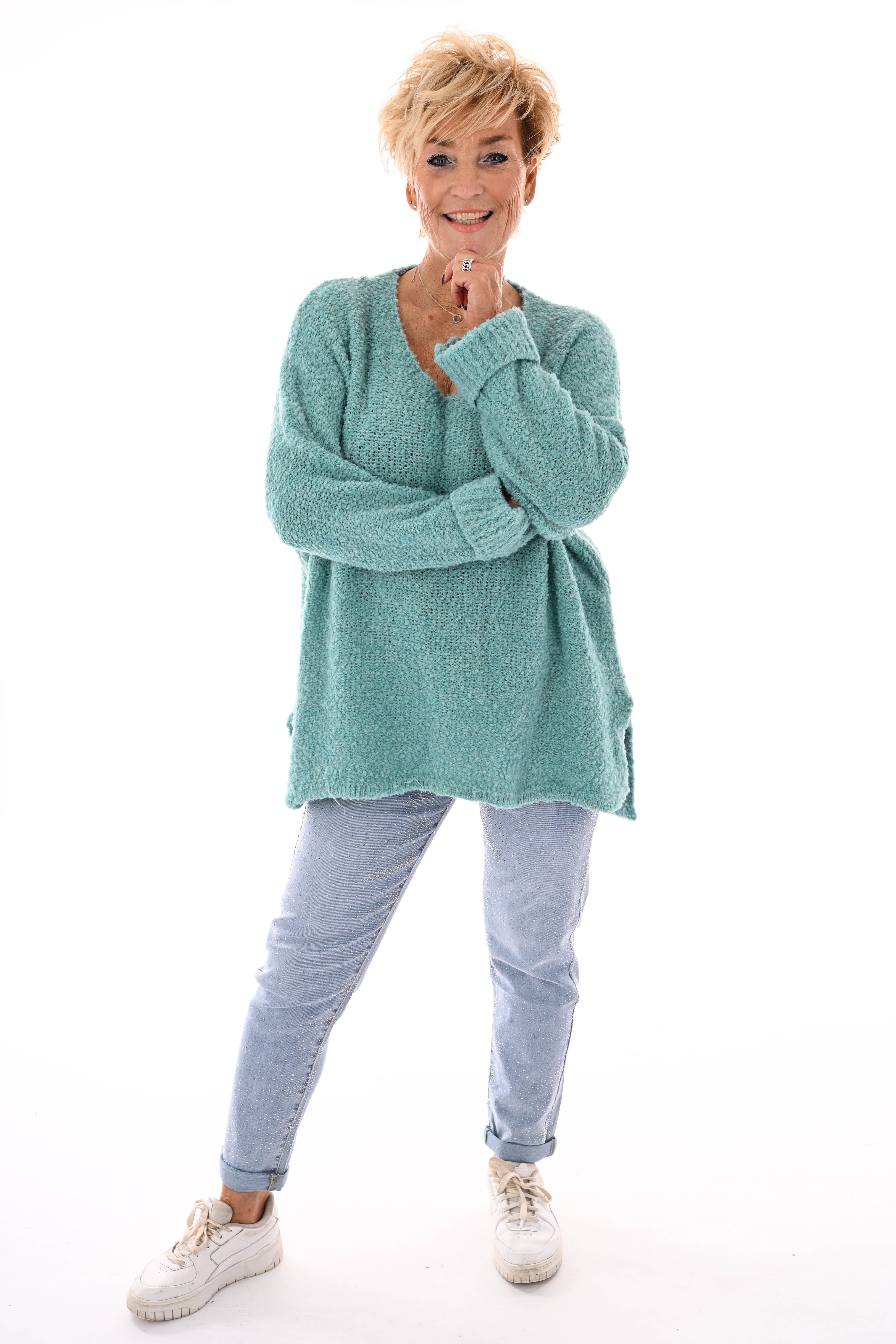 Boucle trui ronde hals turquoise