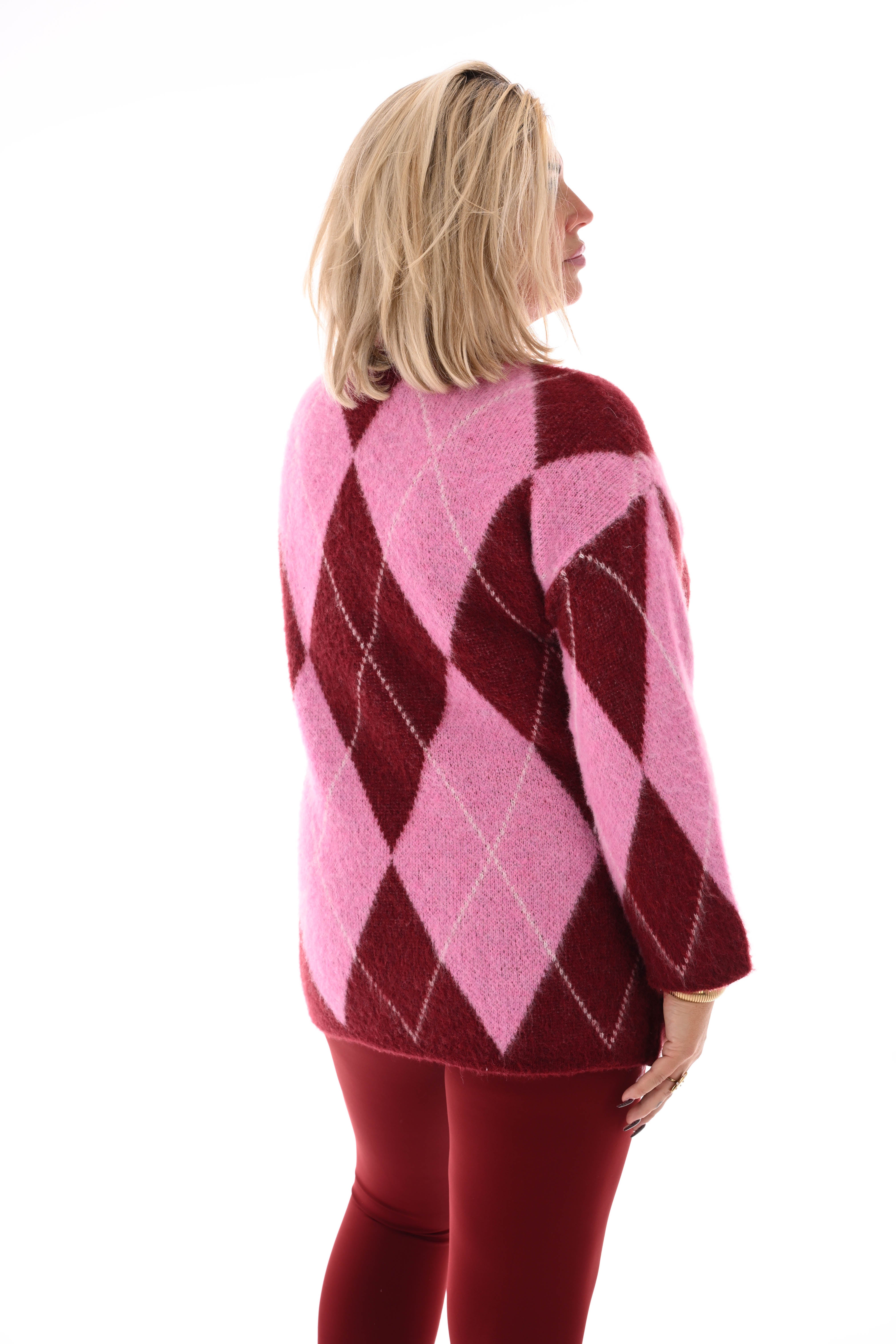 Trui ruit ronde hals bordeaux