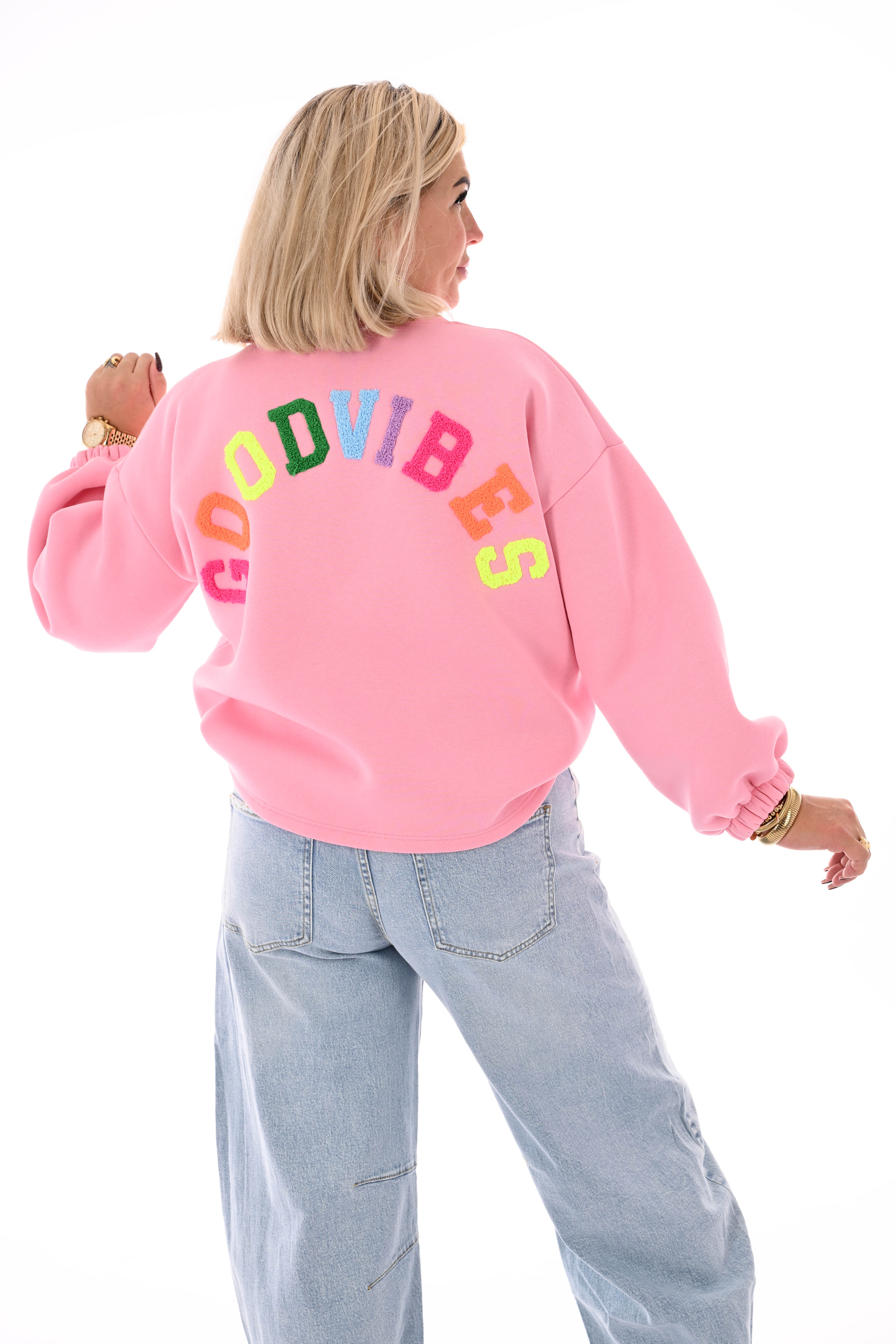 Sweater good vibes lichtroze
