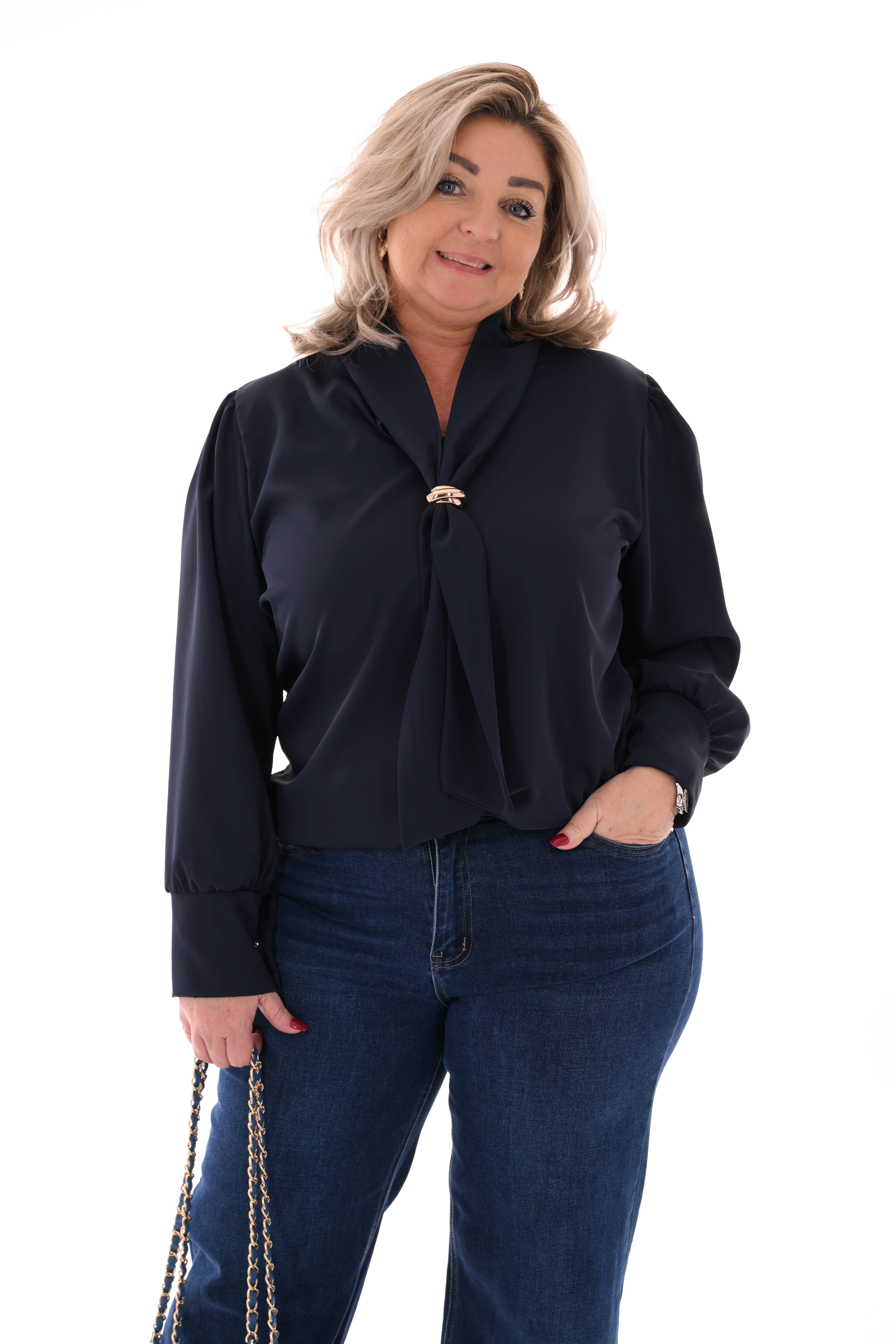 Blouse hals detail marineblauw
