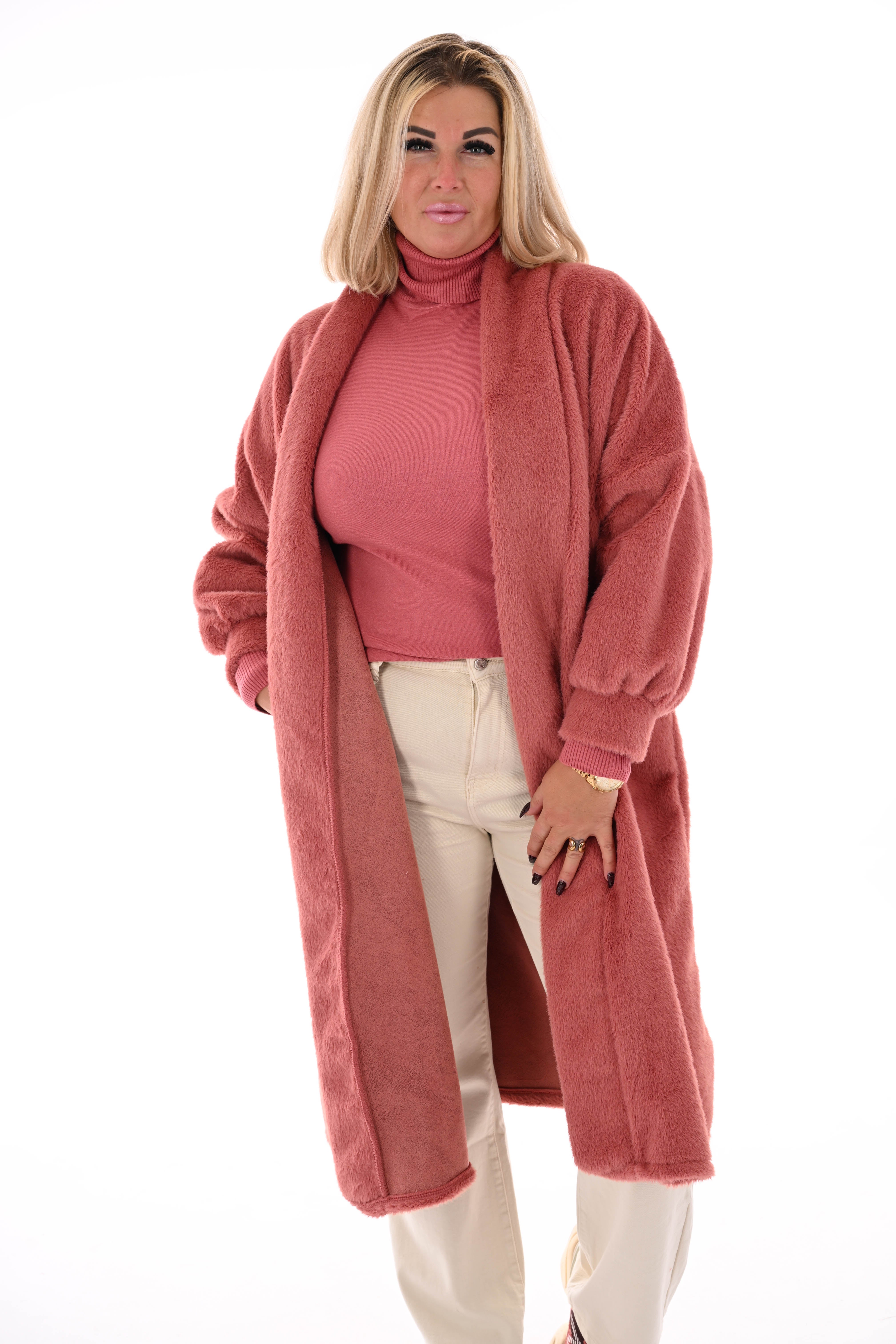 Lange faux fur jas oudroze