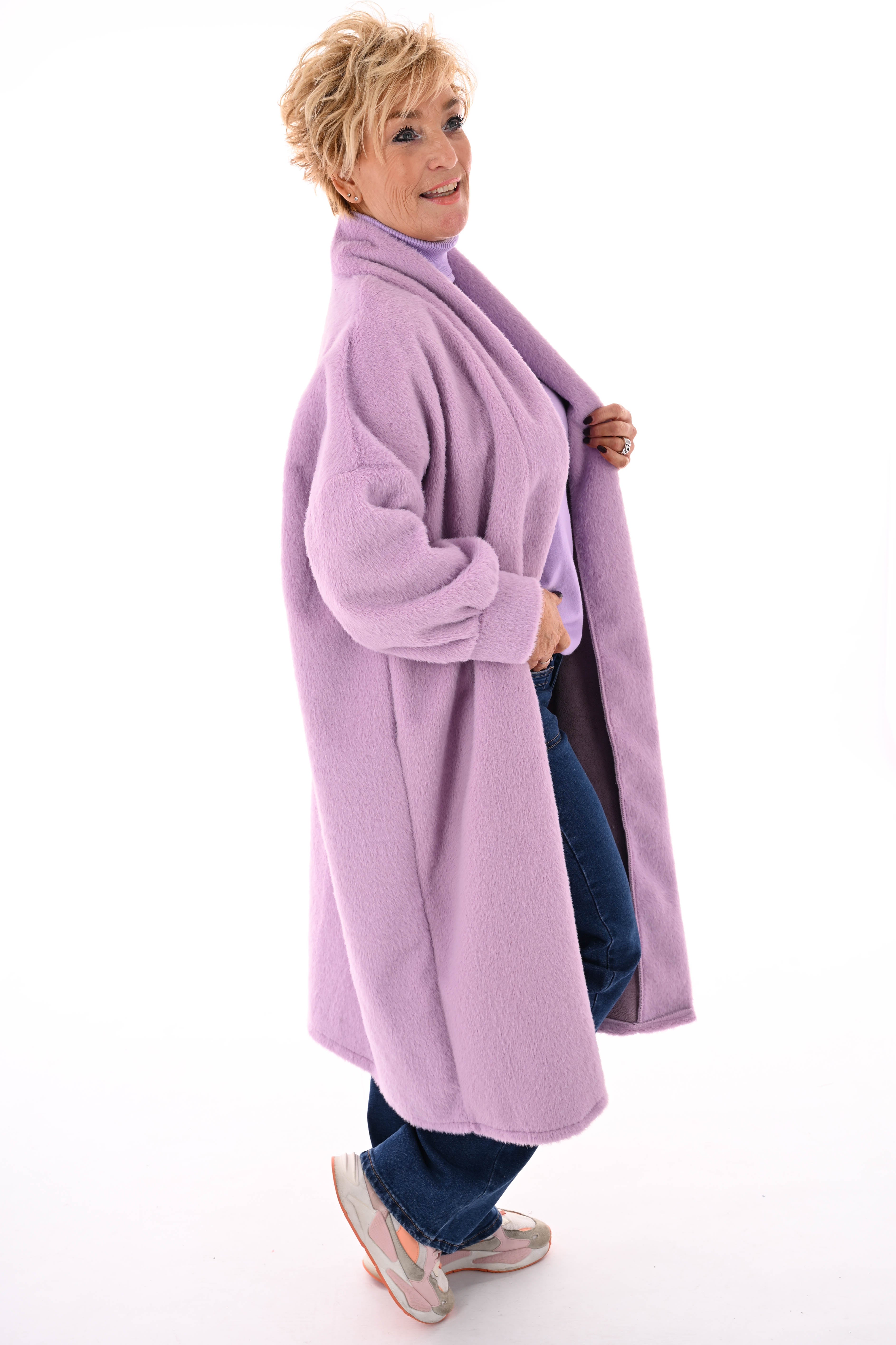 Lange faux fur jas lila