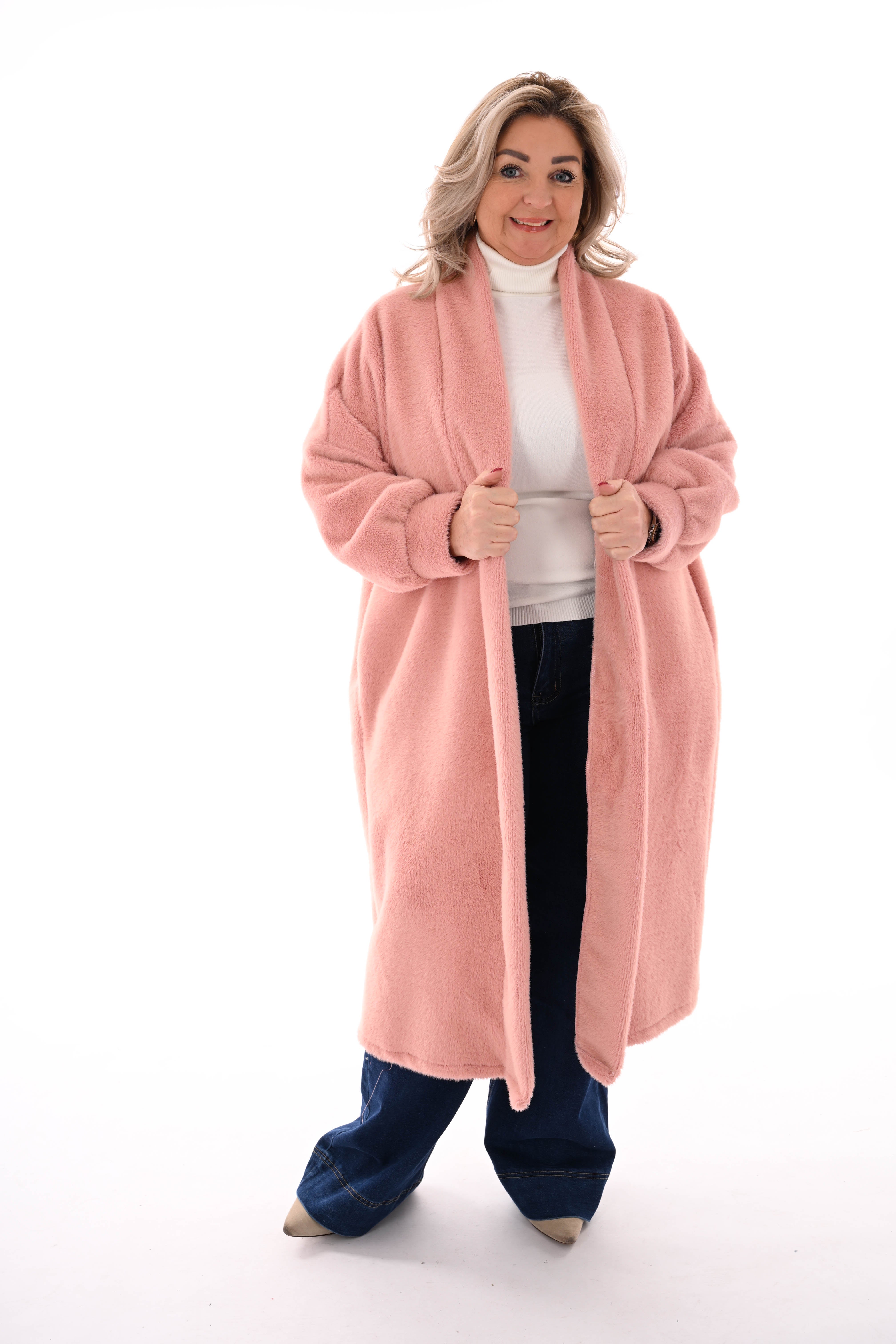 Lange faux fur jas zalm