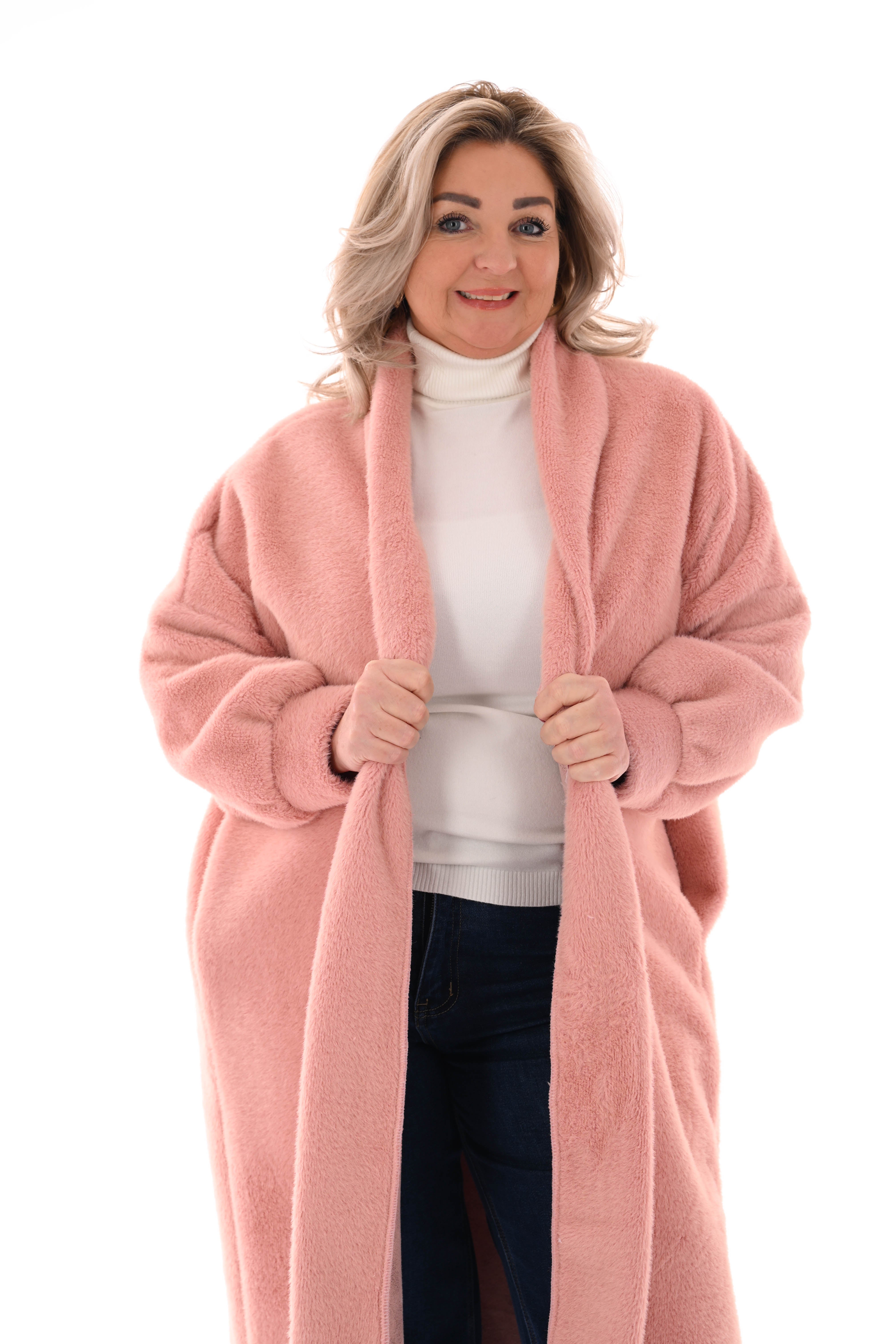 Lange faux fur jas zalm