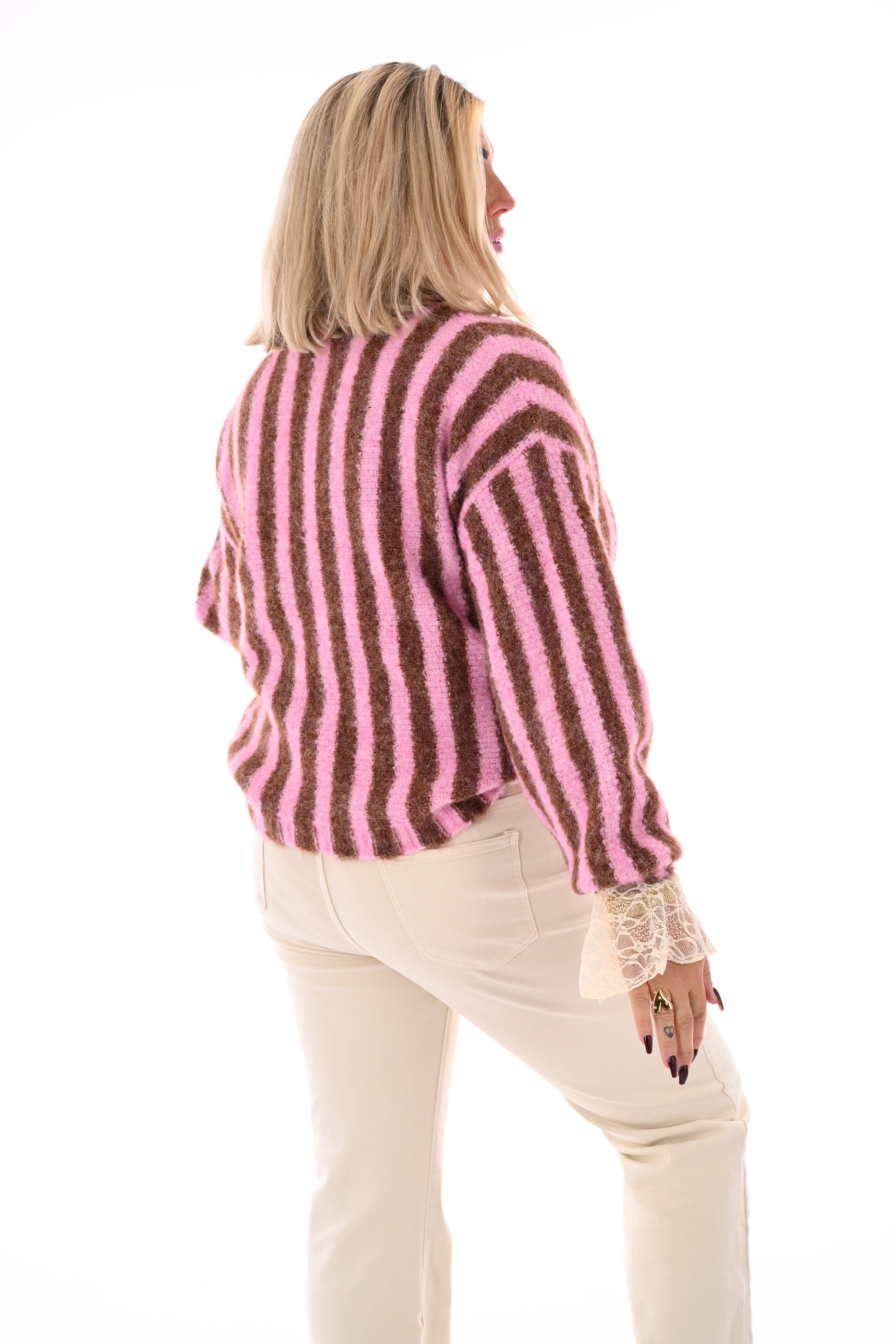 Streep trui met kraag roze