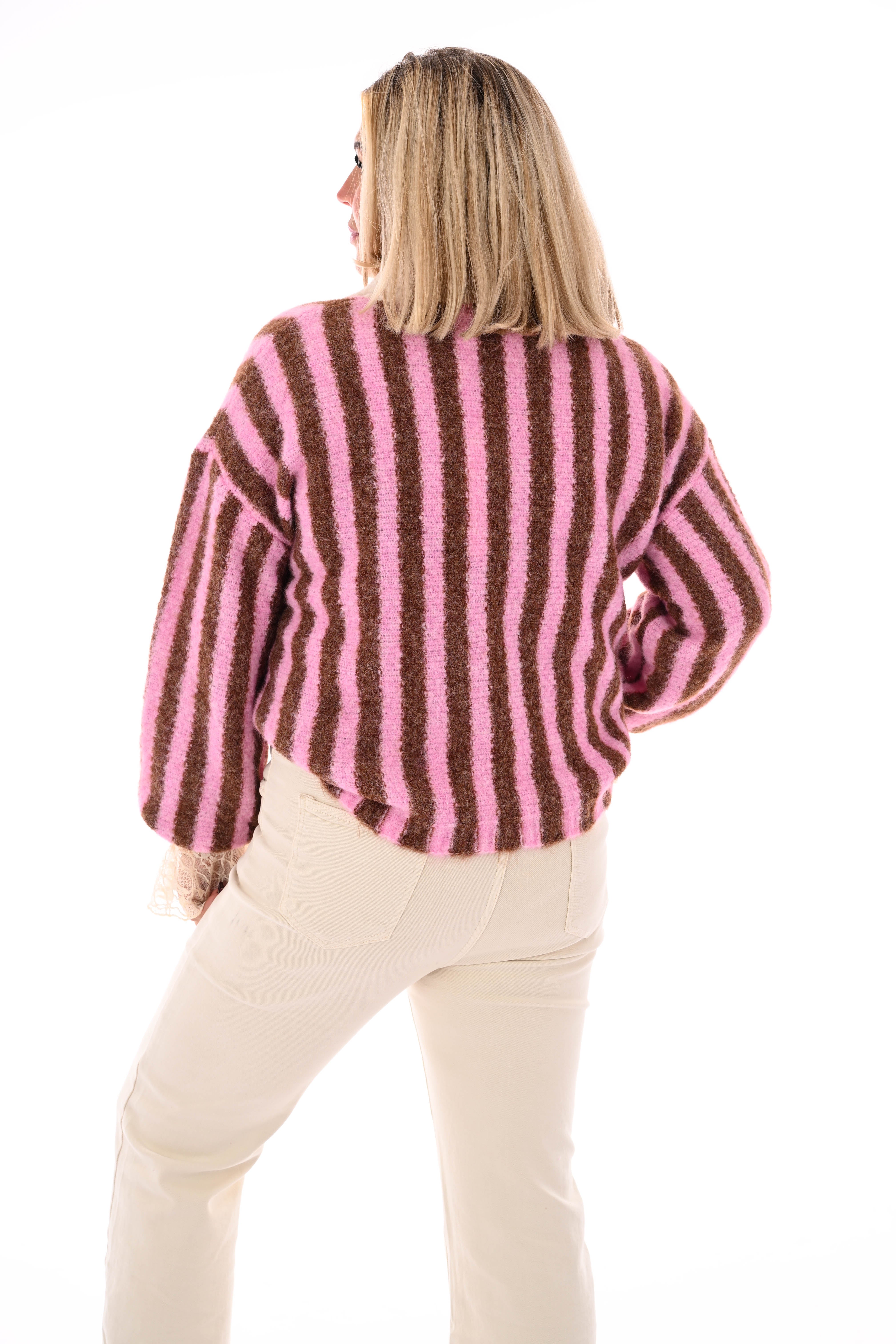 Streep trui met kraag roze
