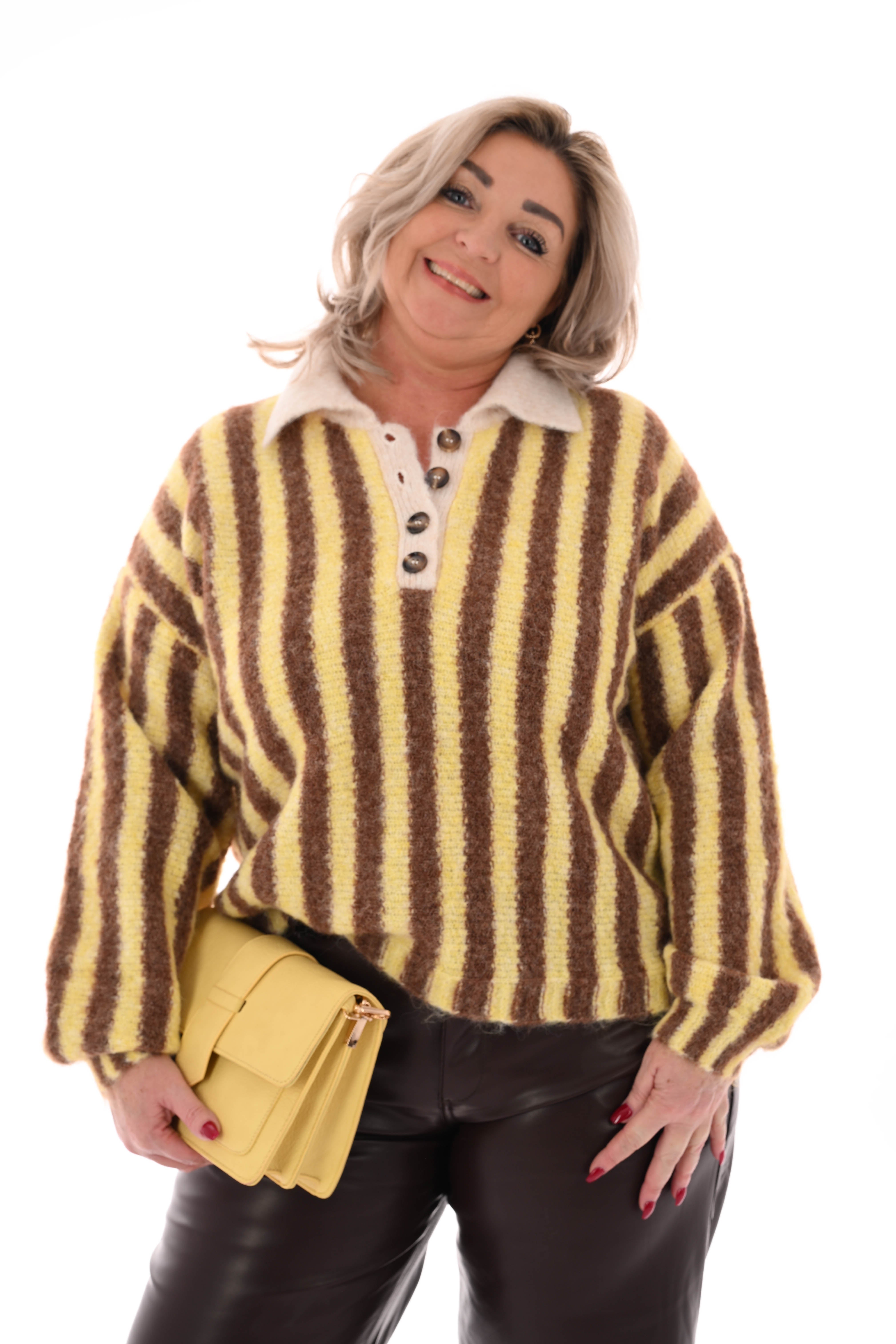 Streep trui met kraag geel