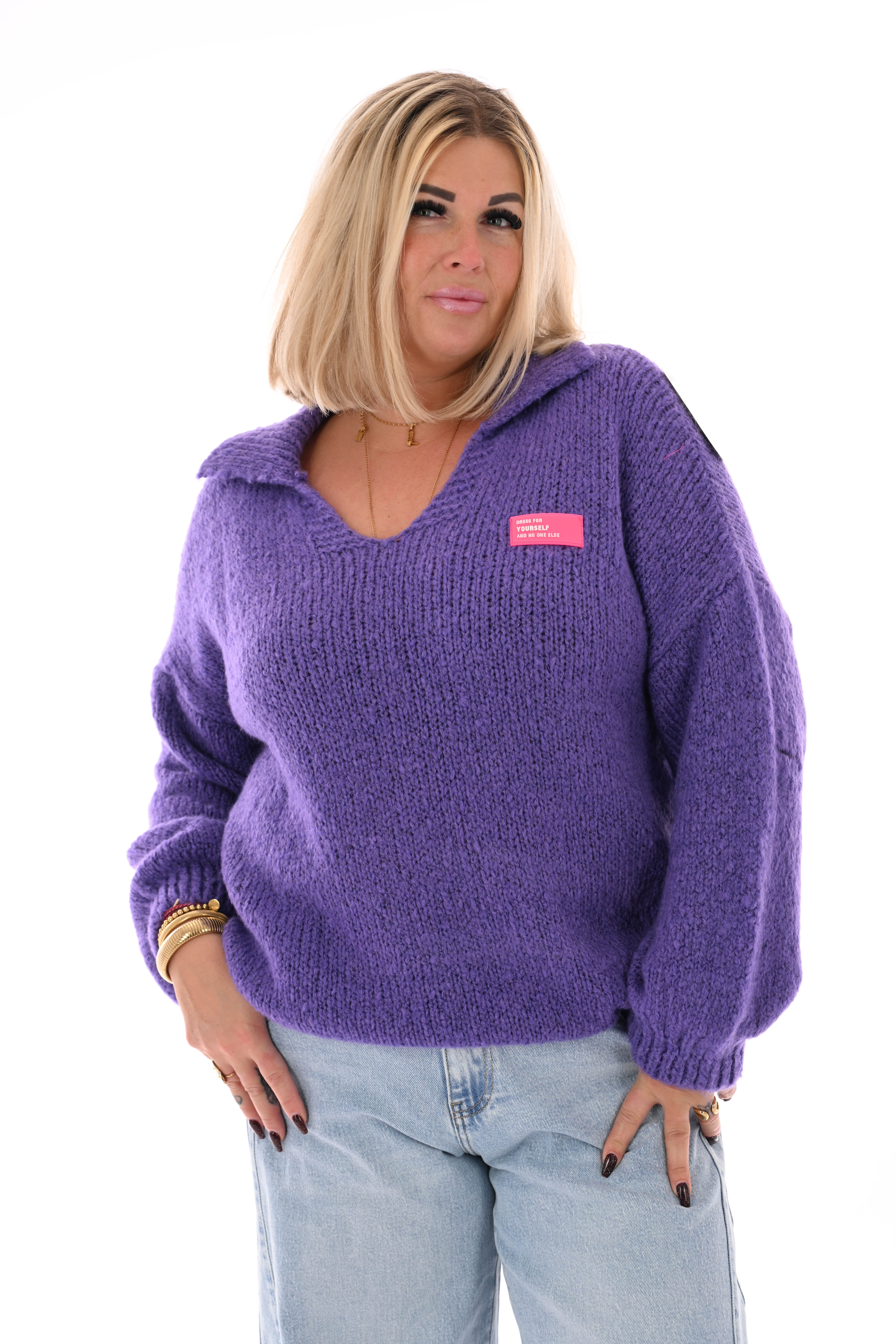 Grof gebreide trui v-hals met applicatie paars