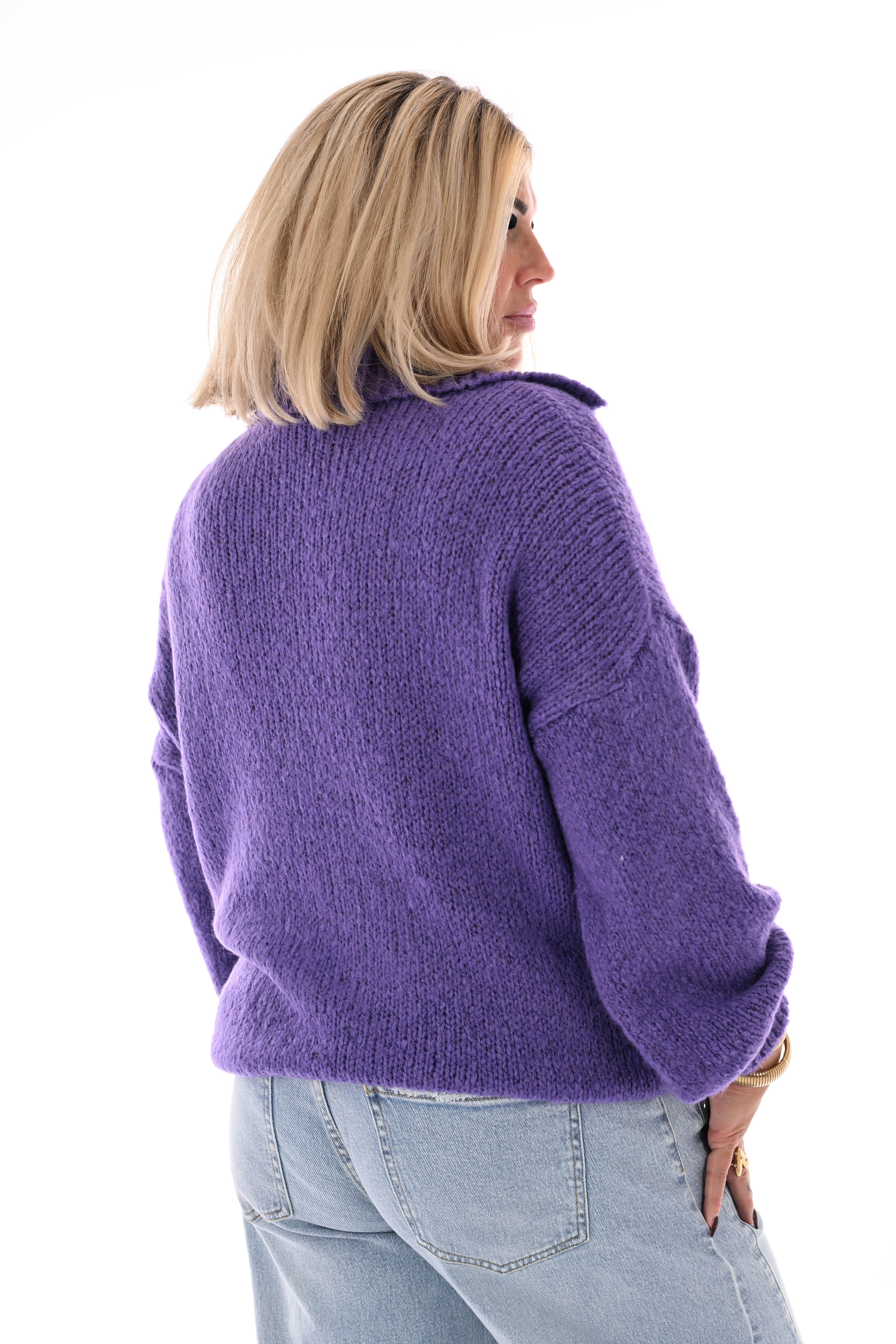 Grof gebreide trui v-hals met applicatie paars