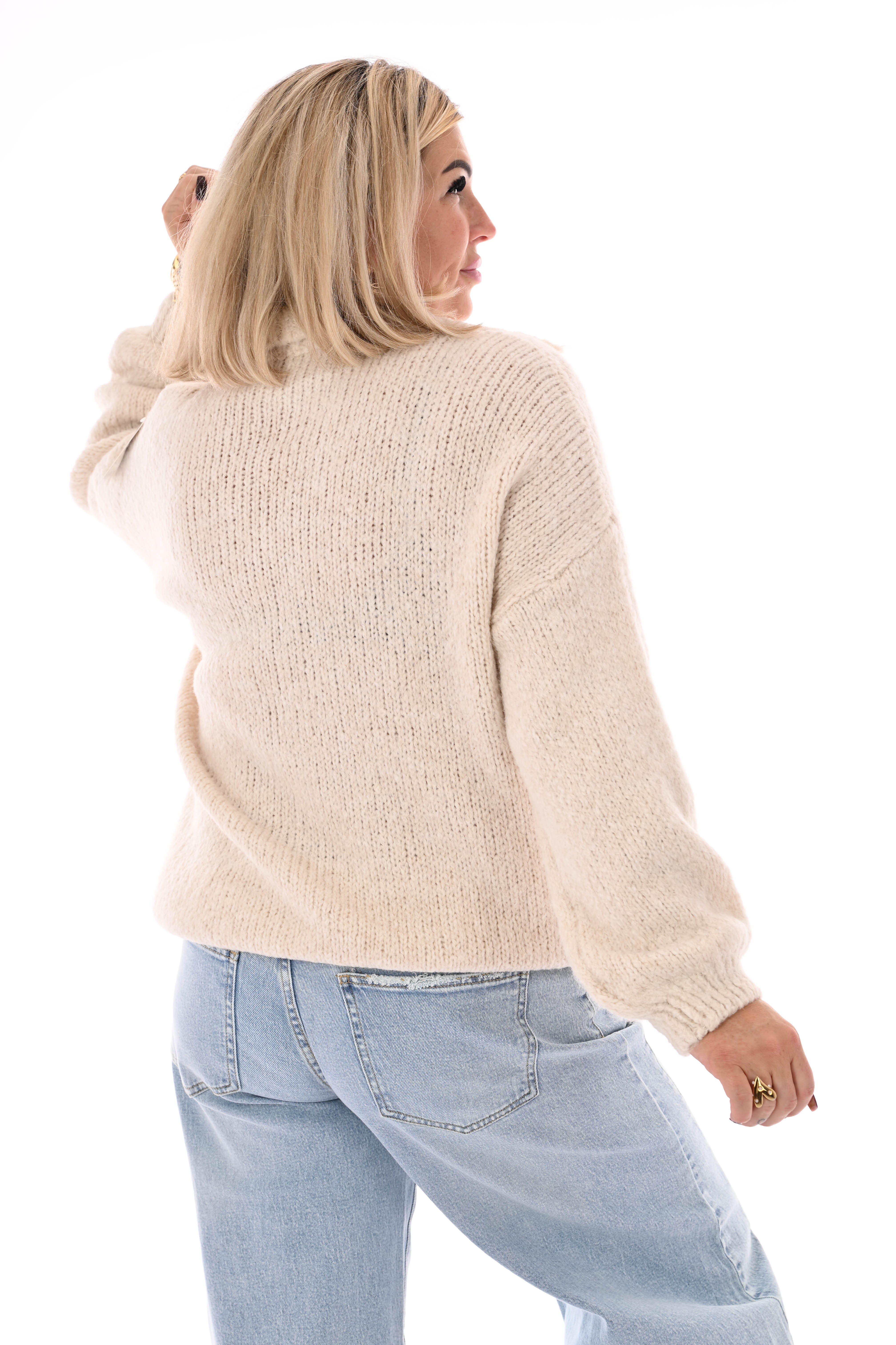 Grof gebreide trui v-hals met applicatie beige