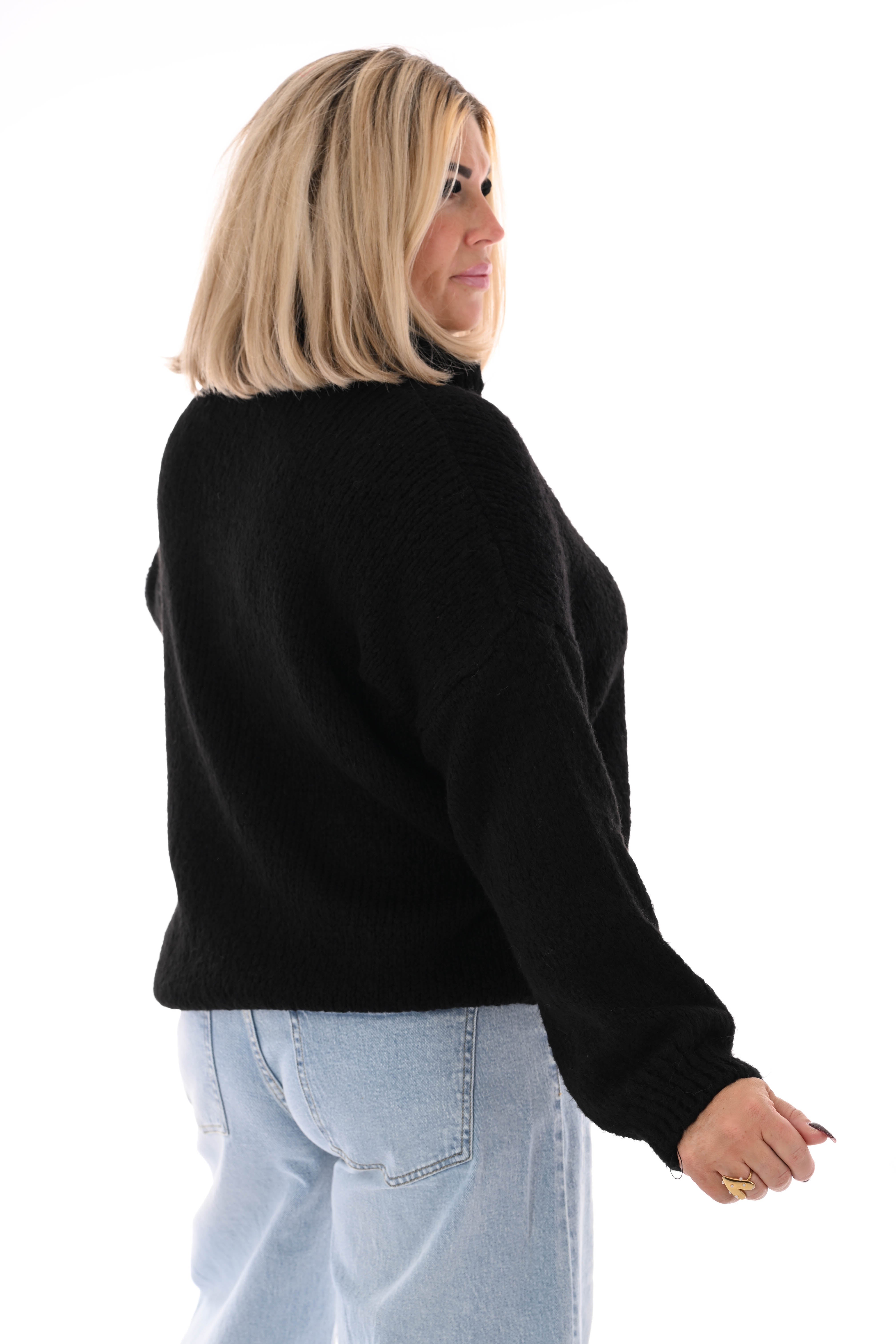 Grof gebreide trui v-hals met applicatie zwart