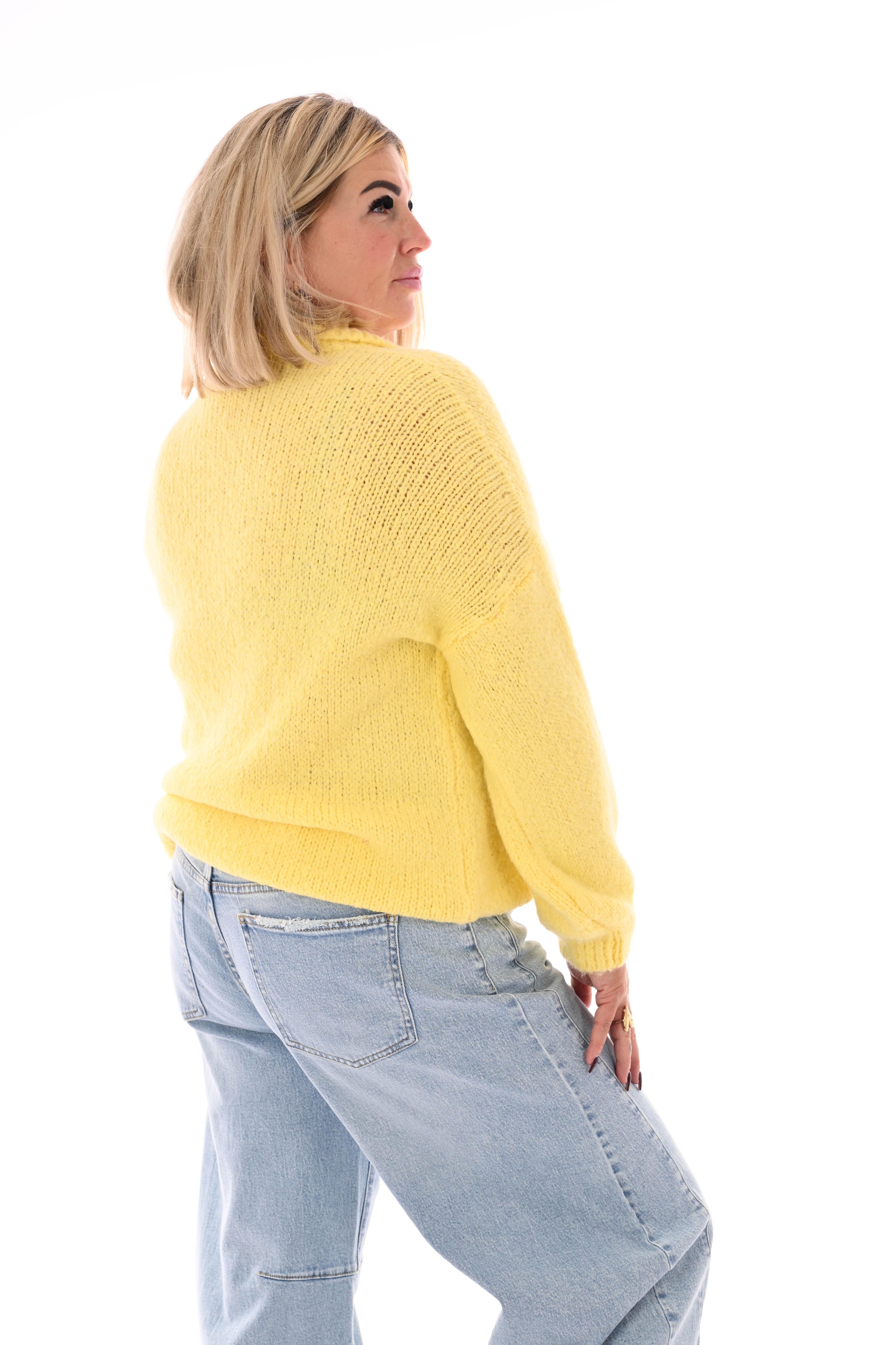 Grof gebreide trui v-hals met applicatie geel