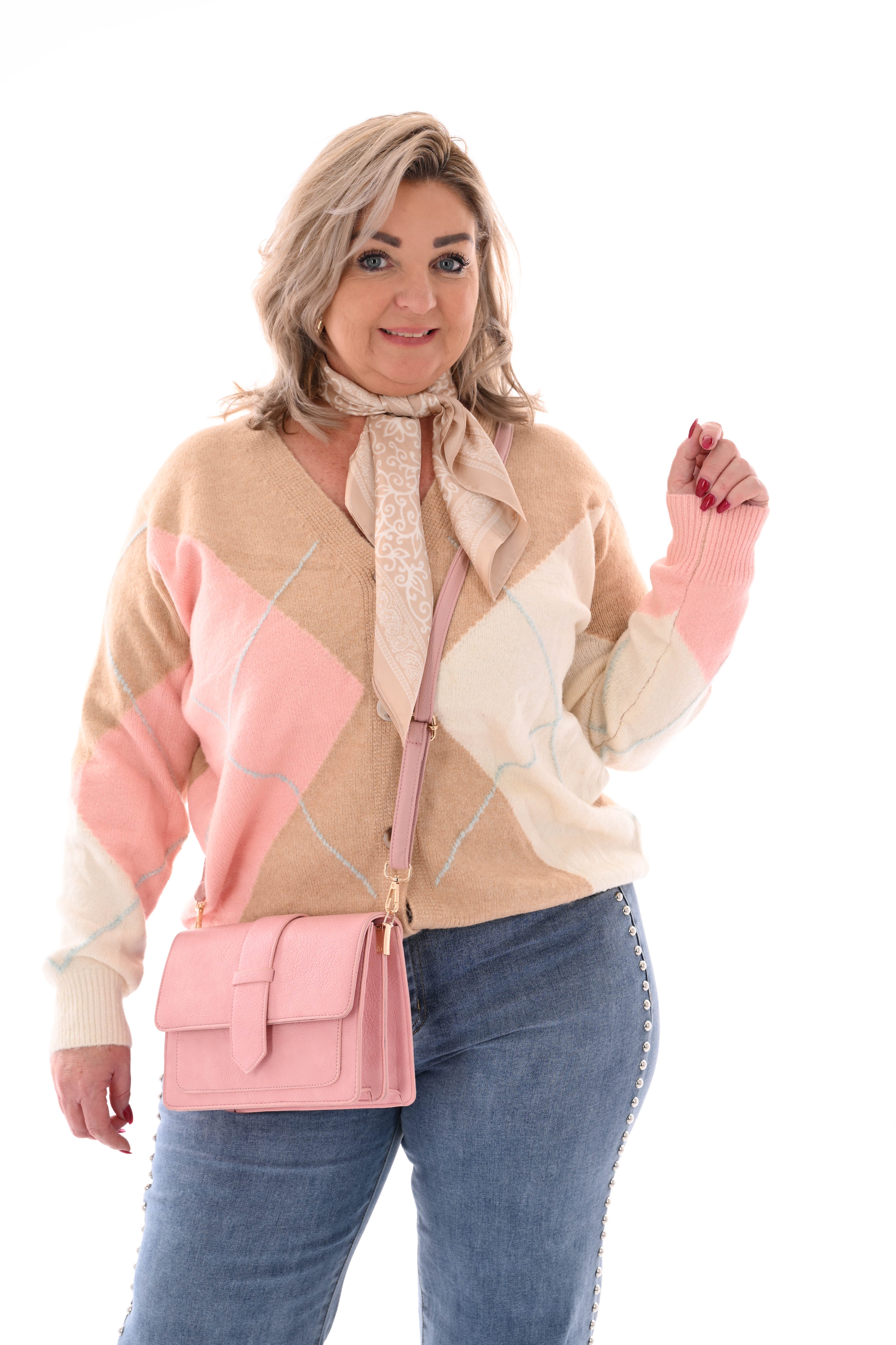 Fijn gebreid vest ruit v-hals camel