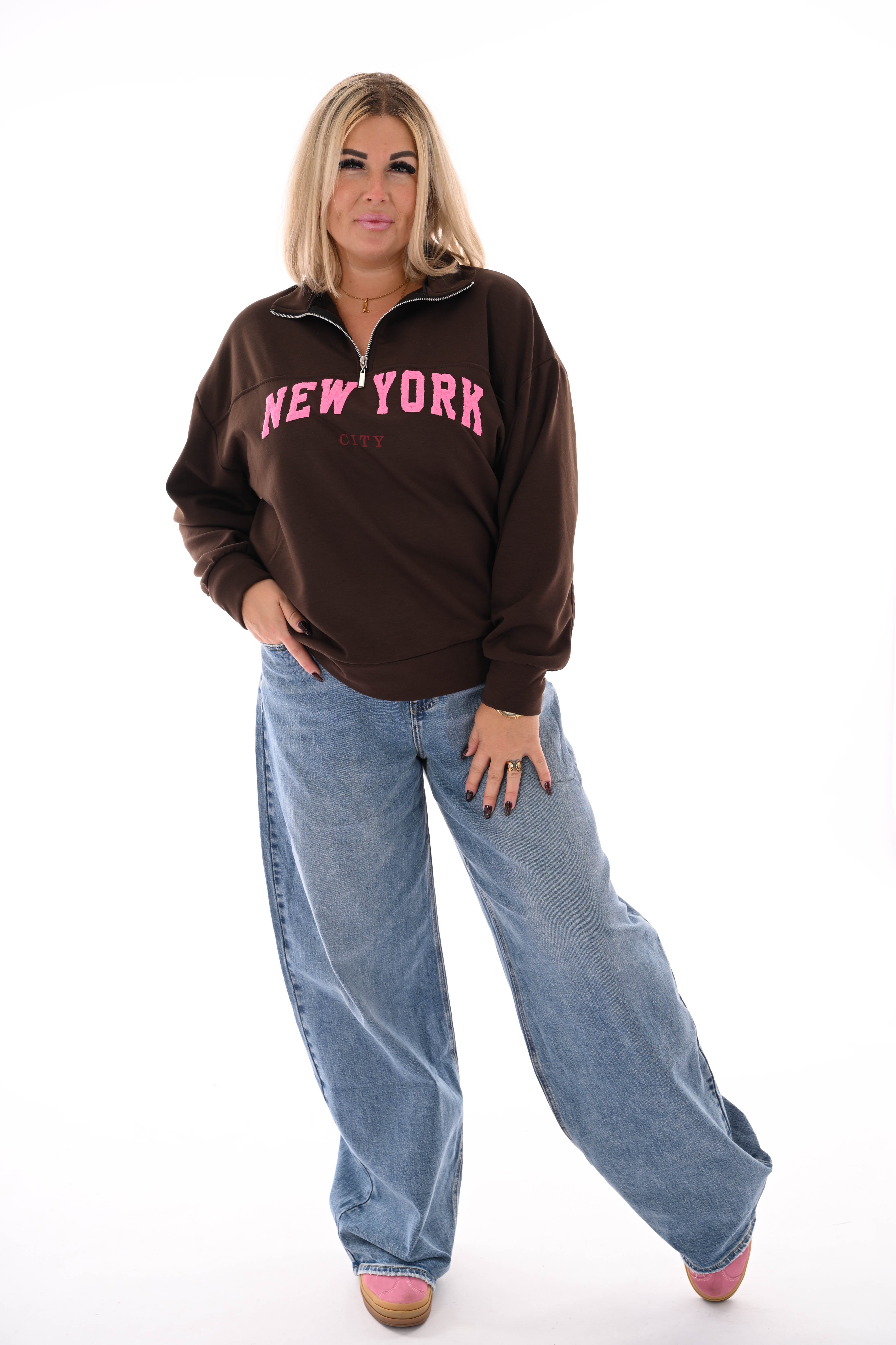 Sweater new york met rits donkerbruin