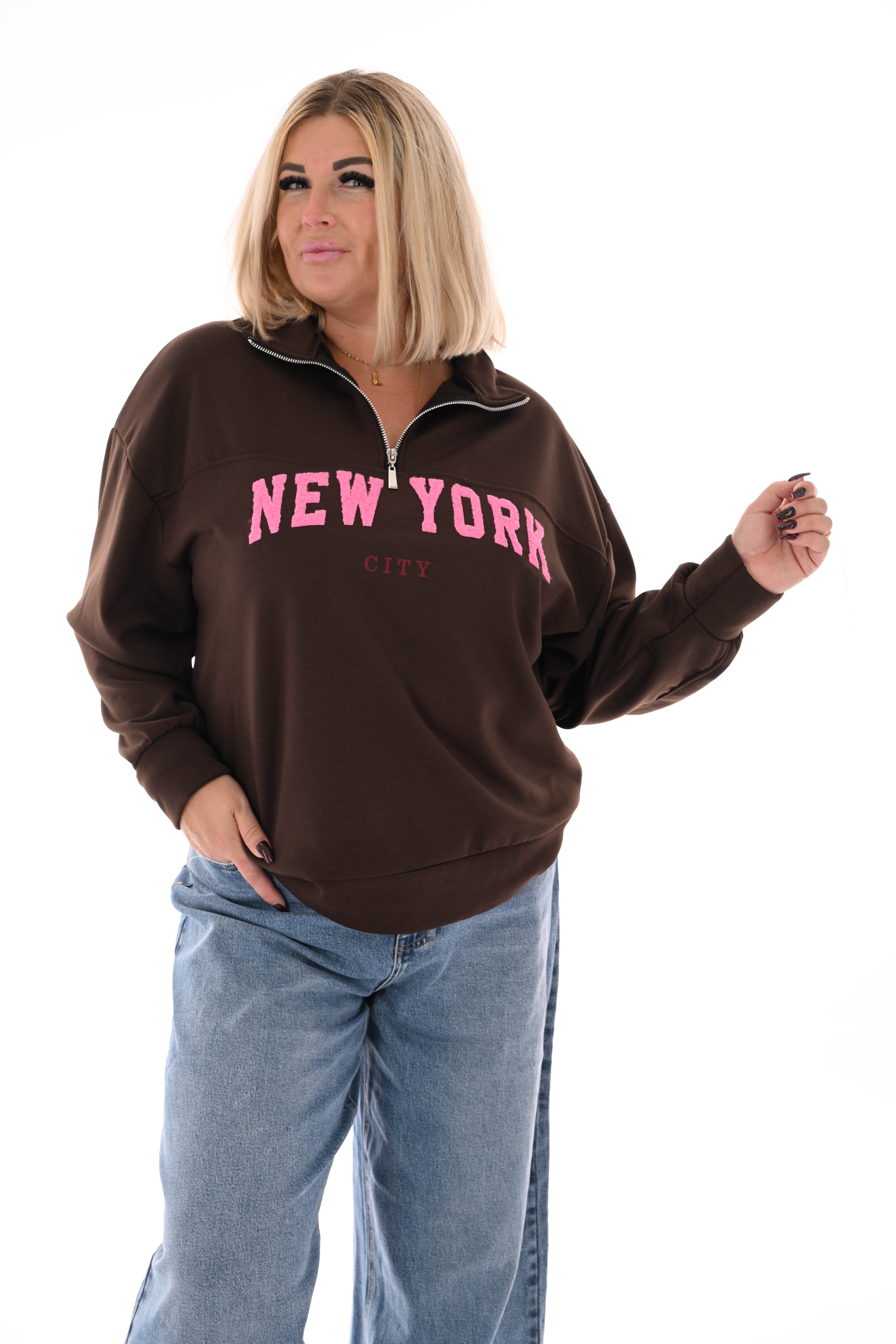 Sweater new york met rits donkerbruin