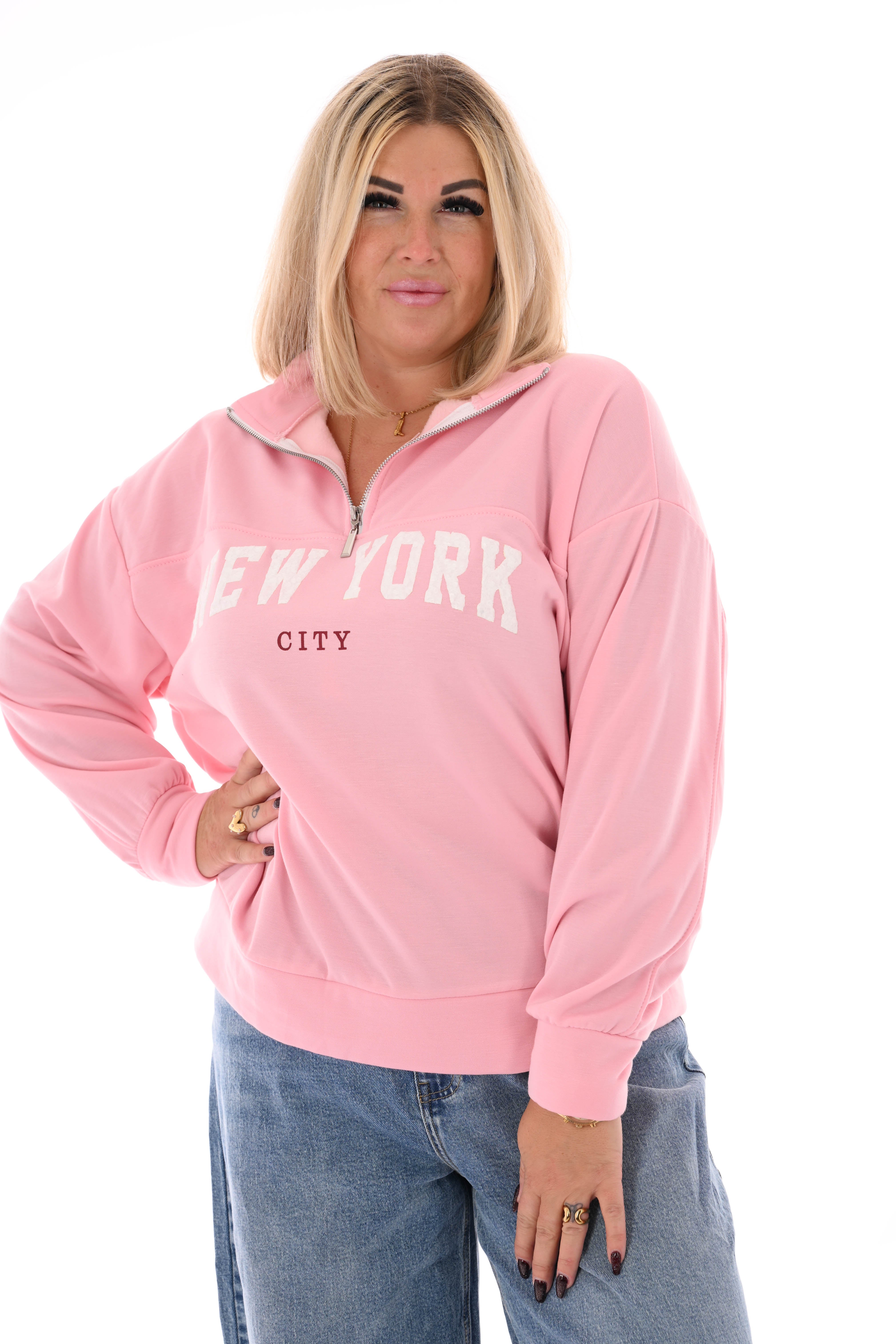 Sweater new york met rits lichtroze
